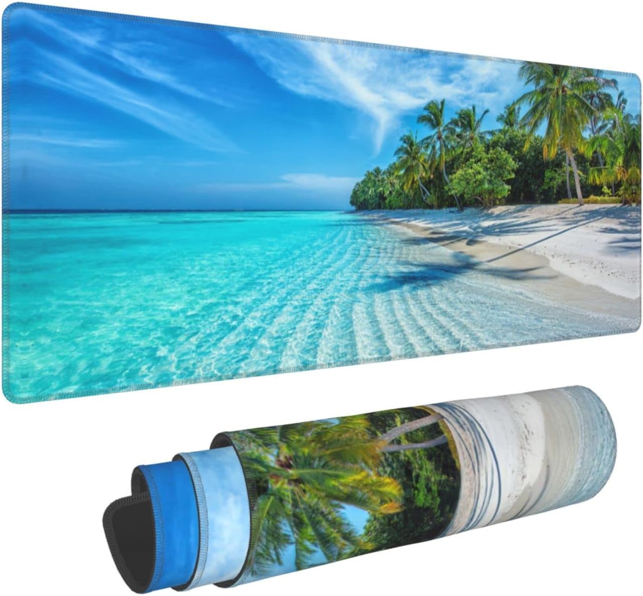 Beach Tropical Palm Tree Waves Travel Island Gaming Keyboard Mouse Pad Mousepad Accessories Huge Extended XL Stitched Edge Rubber Sole for Home Office(31.5"X 11.8")
