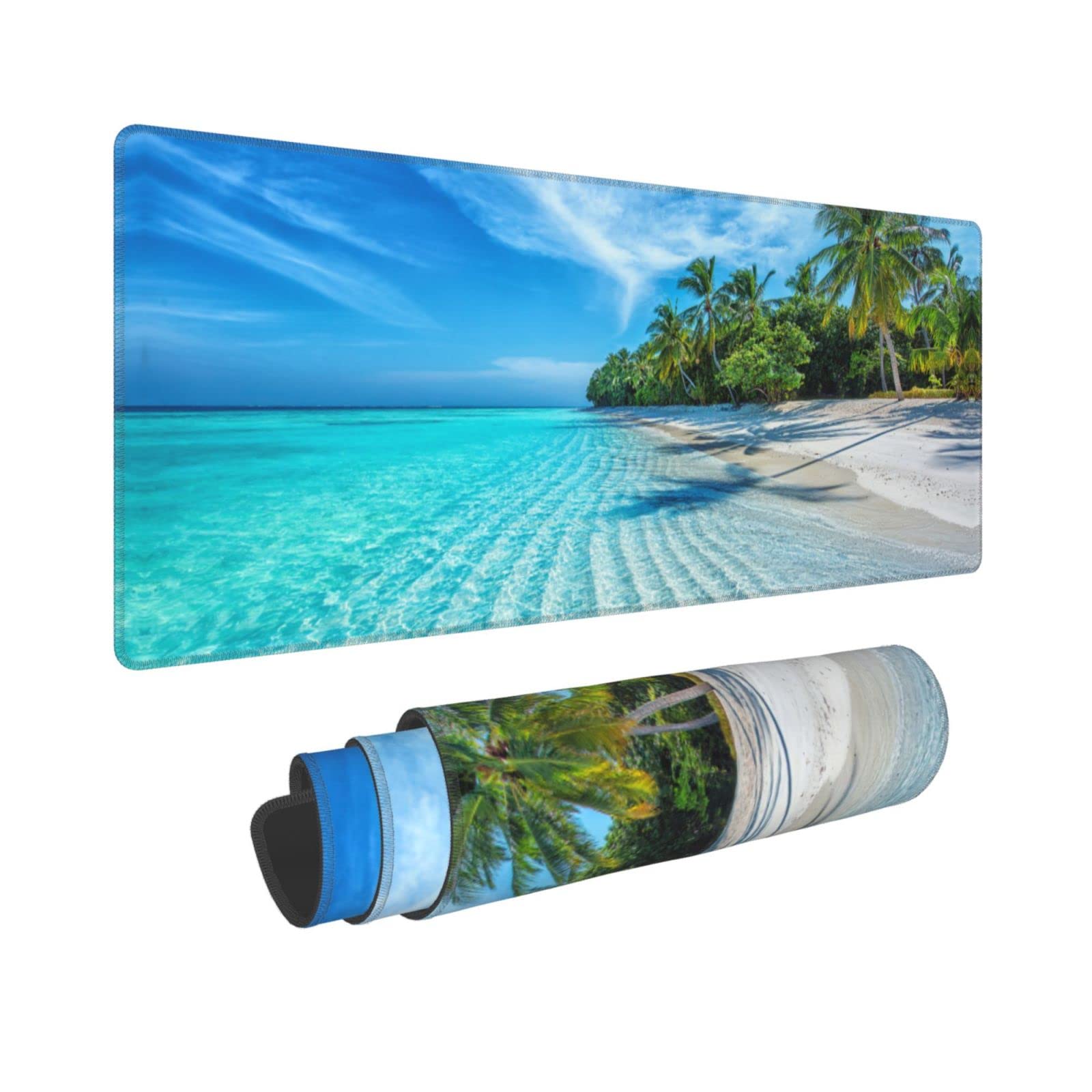Beach Tropical Palm Tree Waves Travel Island Gaming Keyboard Mouse Pad Mousepad Accessories Huge Extended XL Stitched Edge Rubber Sole for Home Office(31.5"X 11.8")