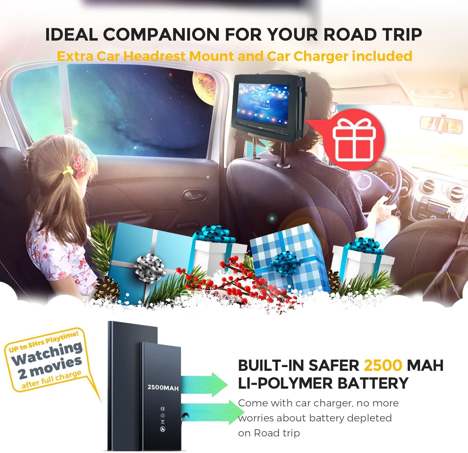 MYDASH 12.5" Portable DVD Player, Car DVD Player for Kids with 10.5" HD Swivel Screen, 5 Hrs Rechargeable Battery, Support CD/DVD/SD Card/USB, Car Headrest Mount Case, Car Charger, Region Free, Black