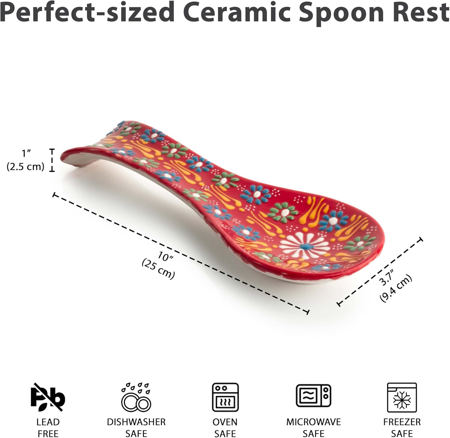 Elegant Ceramic Spoon Rest for Kitchen Counter & Stove Top - Large Spoon Holder, Farmhouse Utensil Rest, Heat-Resistant and Modern Design (Black-Red)