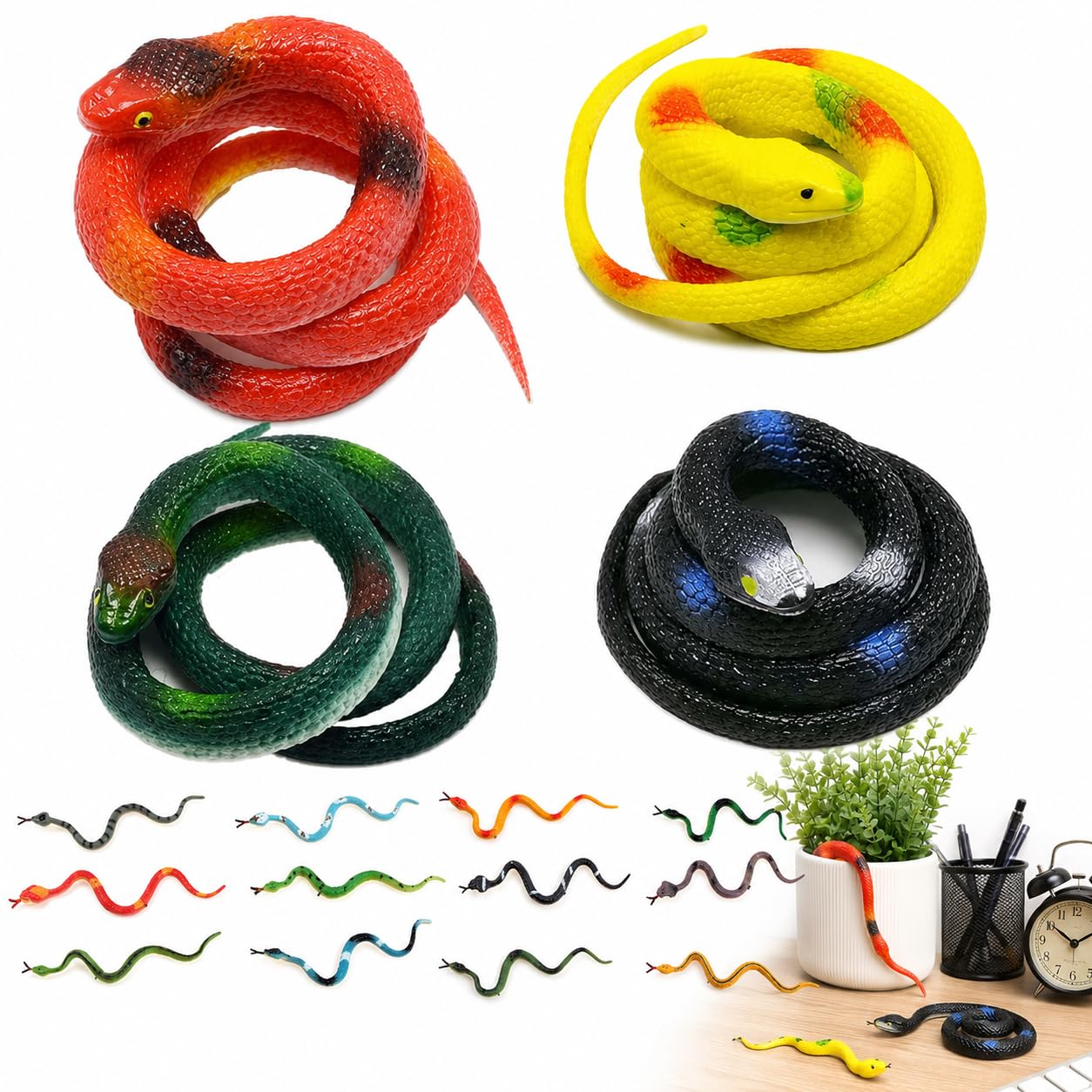 Eowppue Black 16 Pcs Rubber Snakes, Colorful Fake Snake, Rubber Snakes Realistic, Anaconda, Rattlesnake, Snakes Prank Gift Set, Party Favors Decoration