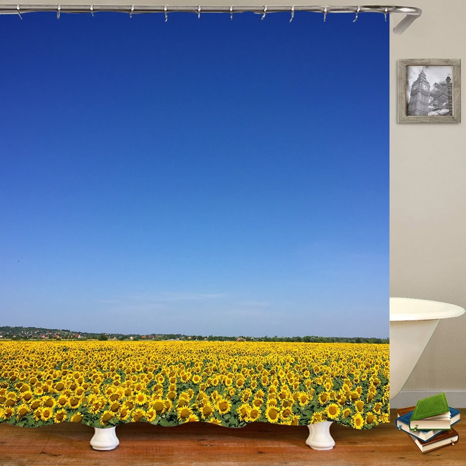 Gualiy Cortina de ducha de tela, girasoles y cielo azul, cortinas de ducha multicolor, 150 x 200 cm