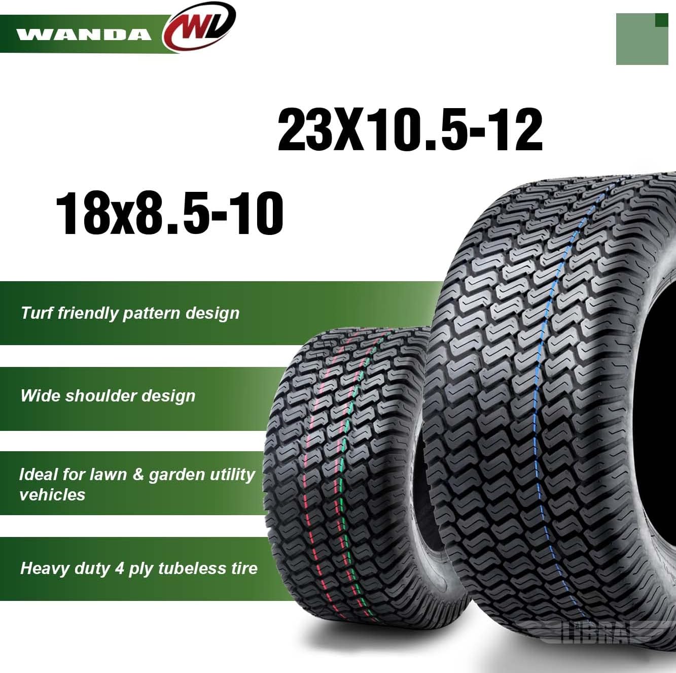 WANDA (Set 4) 18X8.5-10 & 23X10.5-12 Lawn Mower Tractor Cart Turf Tires 4 Ply-13029/13049