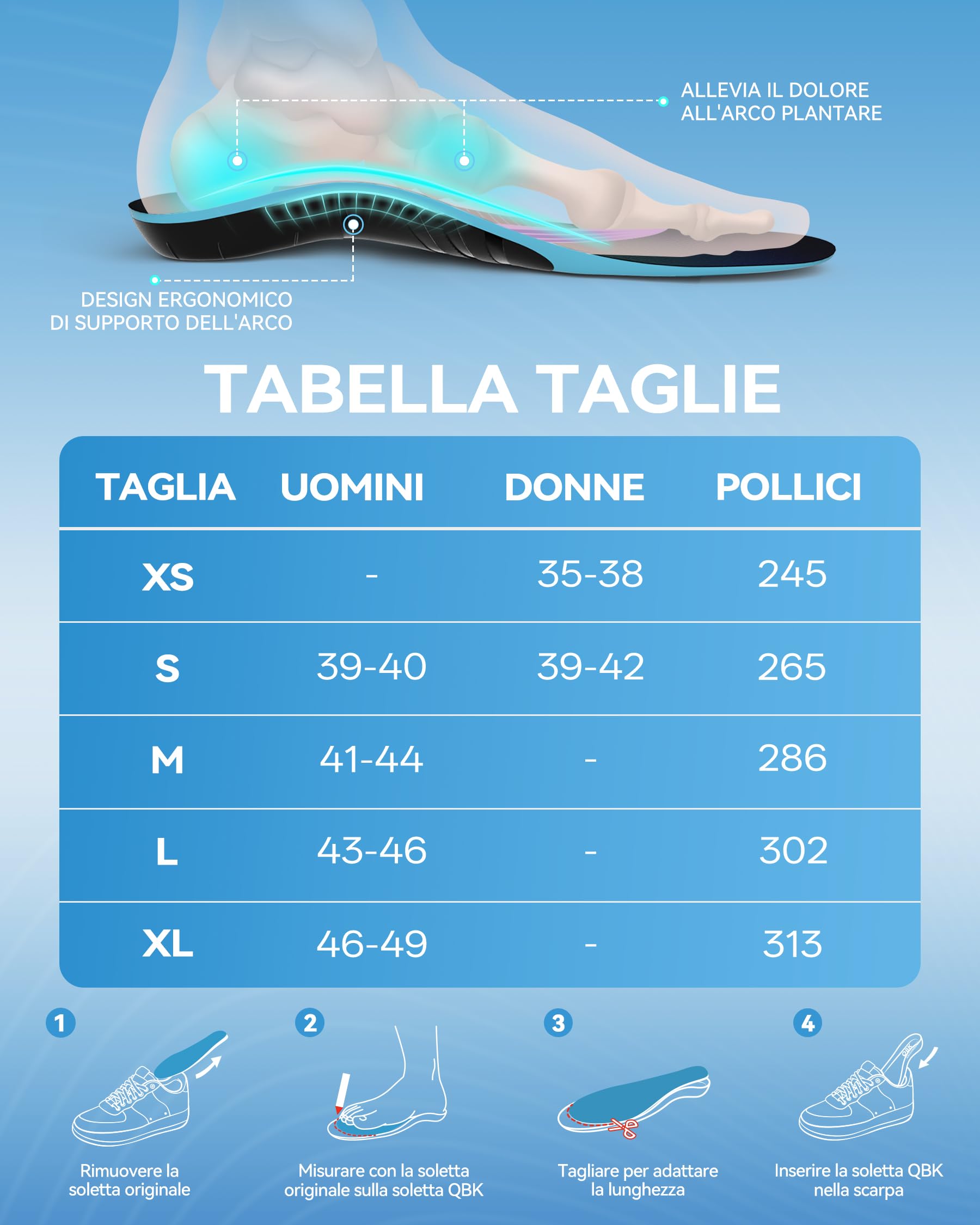 QBK Plantare Ortopedico, Solette per Fascite Plantare, adatte a persone con un peso superiore a 220 libbre, ideali per piedi piatti, dolore all’arco plantare e tallonite, M