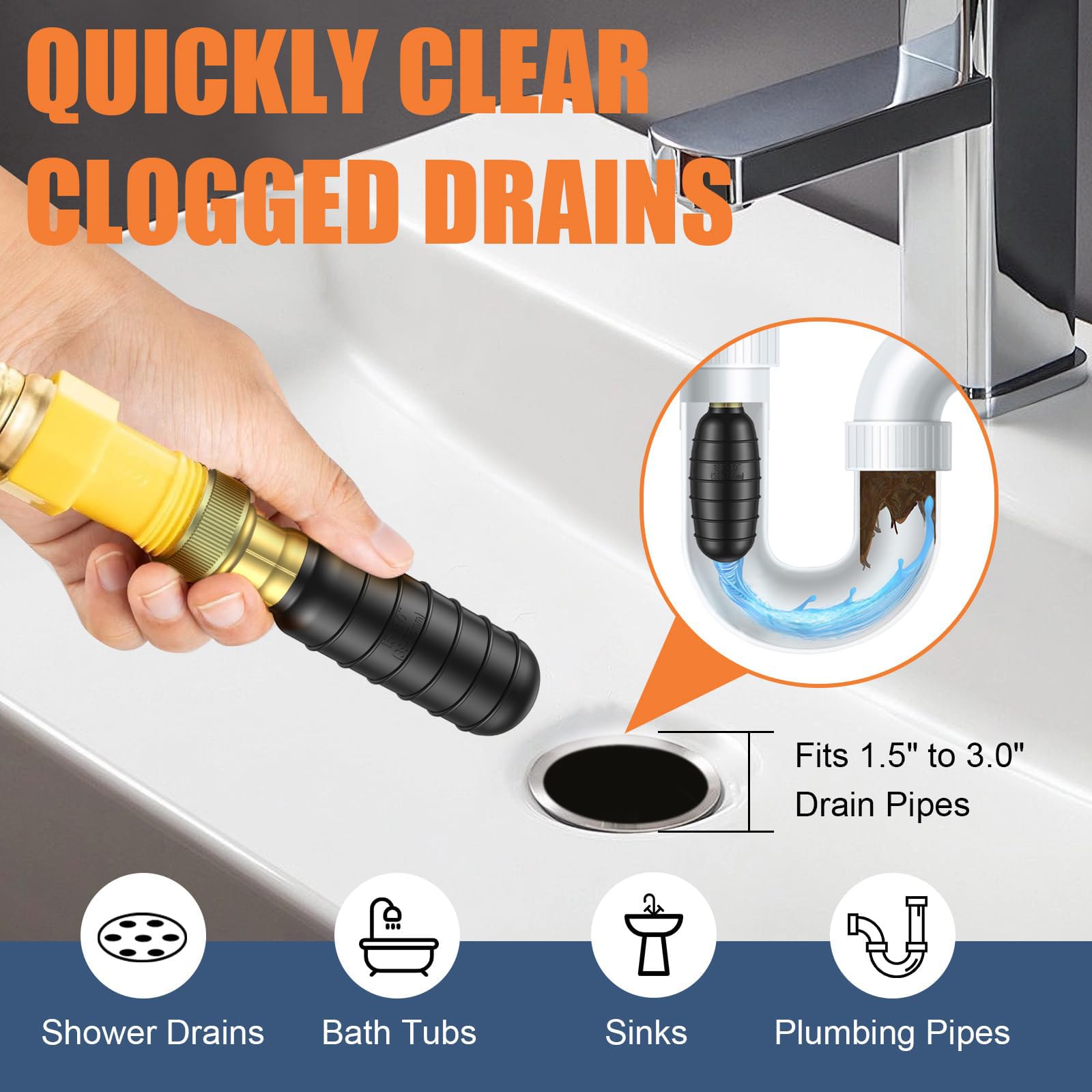 Deboucheur Canalisation Haute Pression, Vessies de Drainage en Caoutchouc, Noir Caoutchouc Vessie de Vidange avec 3/4" Vanne D'arrêt, pour 38 à 75 mm Débouche Goutières, Toilettes et Tuyaux