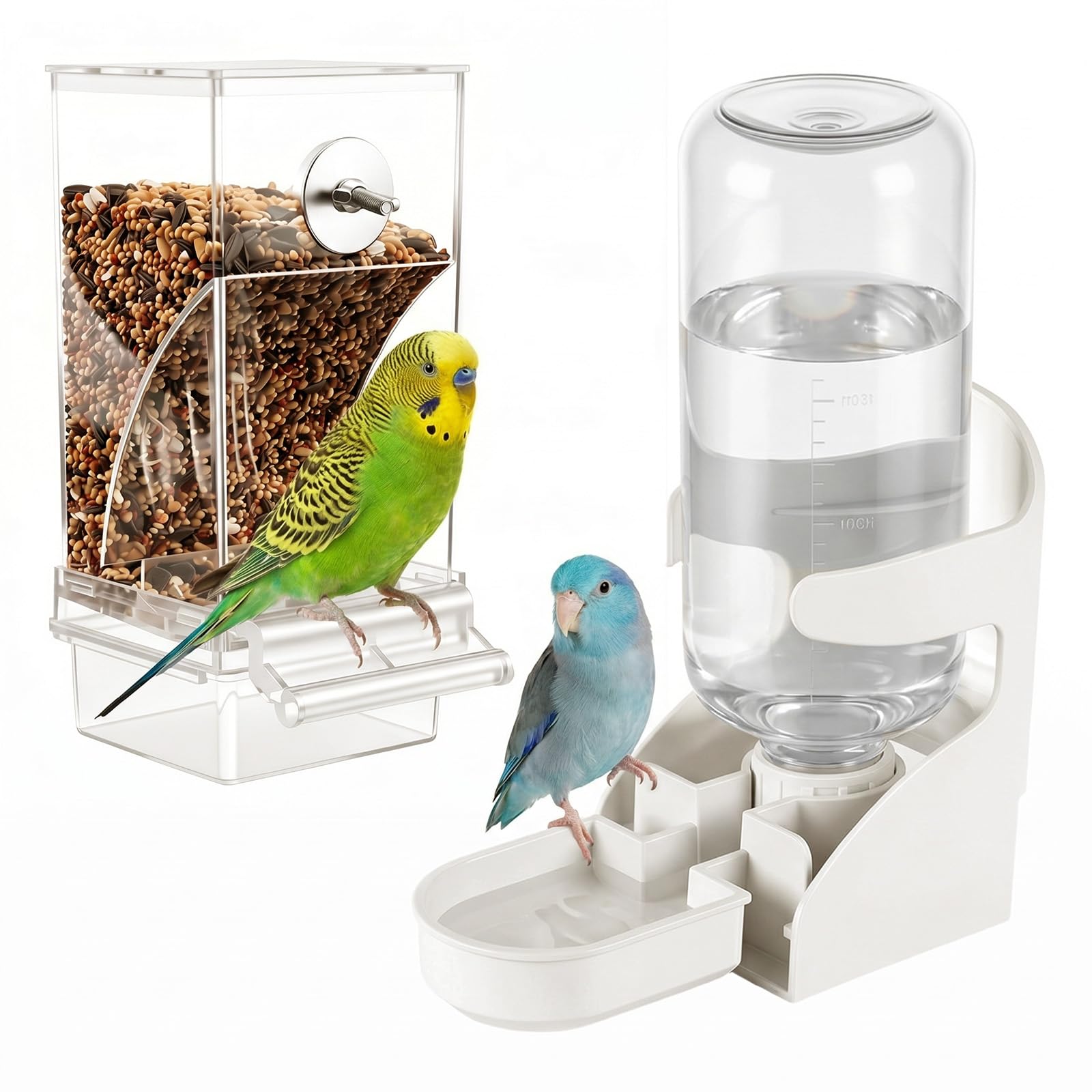 Dexpally 2 Pcs No Mess Bird Feeder Water Dispenser Set Automatic Parrot Feeder Cage Accessories Clear Parakeet Seed Container Food Drinker for Budgies, Cockatiel, Finch, Lovebirds & Canaries