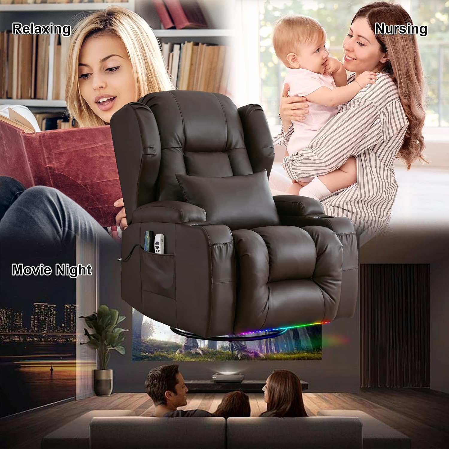 Oprisen Power Swivel Rocker Recliner Chair Home Theater Seating Electronic Upholstered Movie Gaming Reclining Sofa with Heat Massage/LED Light/USB Port/Cup Holders/Pockets