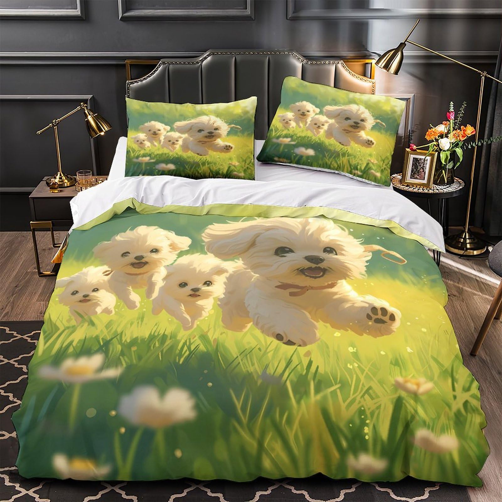 Housse de couette chiots 3D imprimé dessin animé drap de couette microfibre