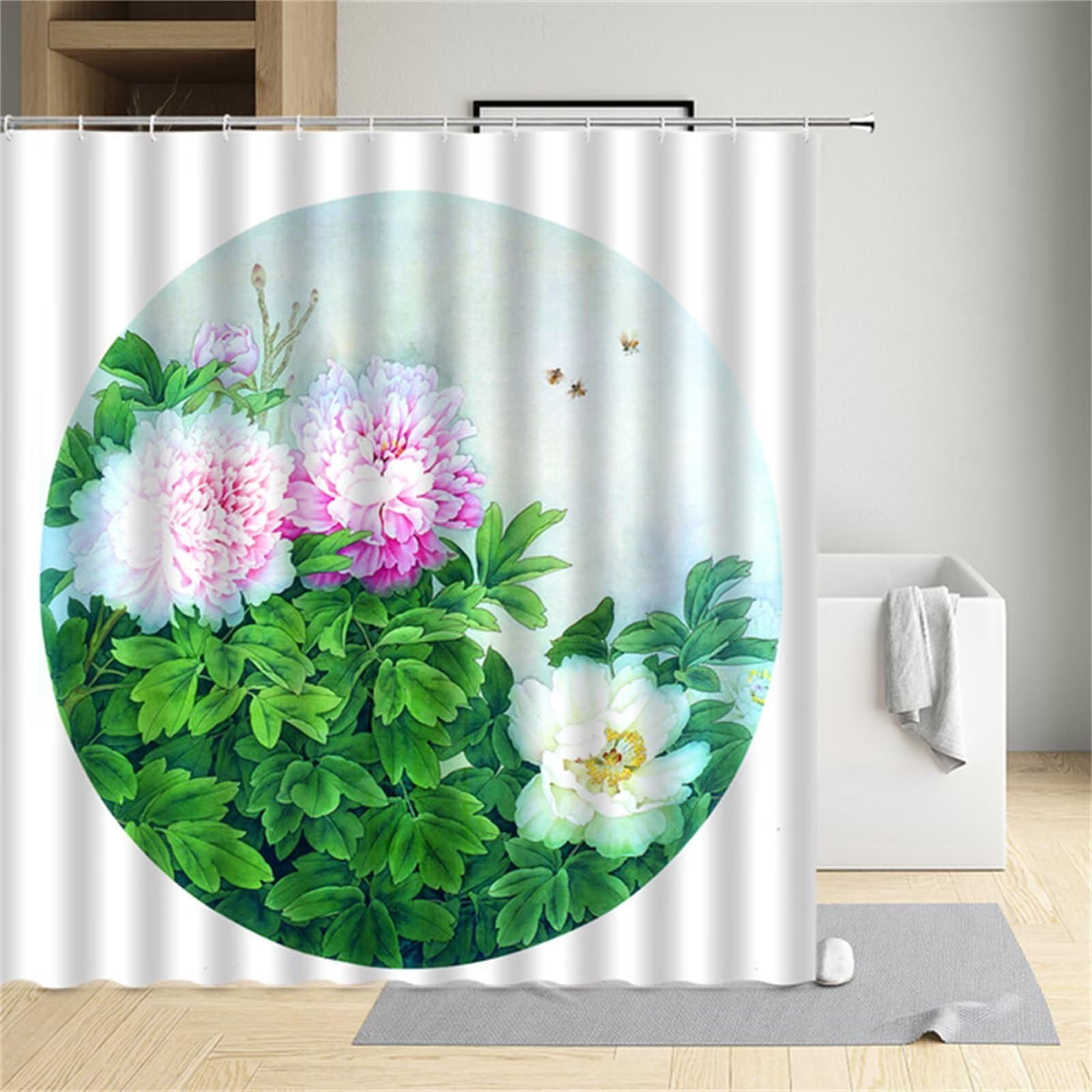 Tenda Doccia Antimuffa Tenda per Doccia 200x200cm Tende Doccia Tessuto Impermeabile Tenda Vasca da Bagno con 12 Ganci Polyester Lavabile, Tenda Bagno con Anelli per Famiglia (Fiore Di Primavera) Z304