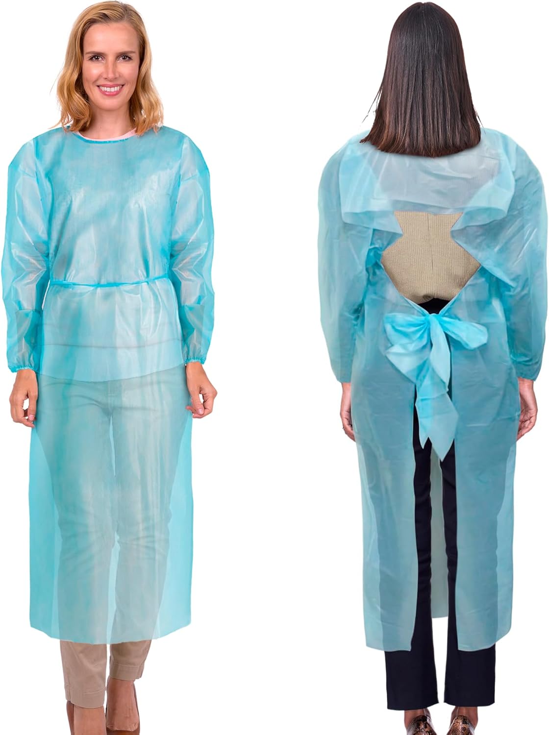 EZGOODZ Blue Polyethylene Isolation Gowns 45 Long. Pack of 25 Medical Disposable Gowns with Sleeves. Protective Gown Disposable 1 Mil Large Unisex Disposable PPE Gowns 45" with Elastic Thumb Loops.