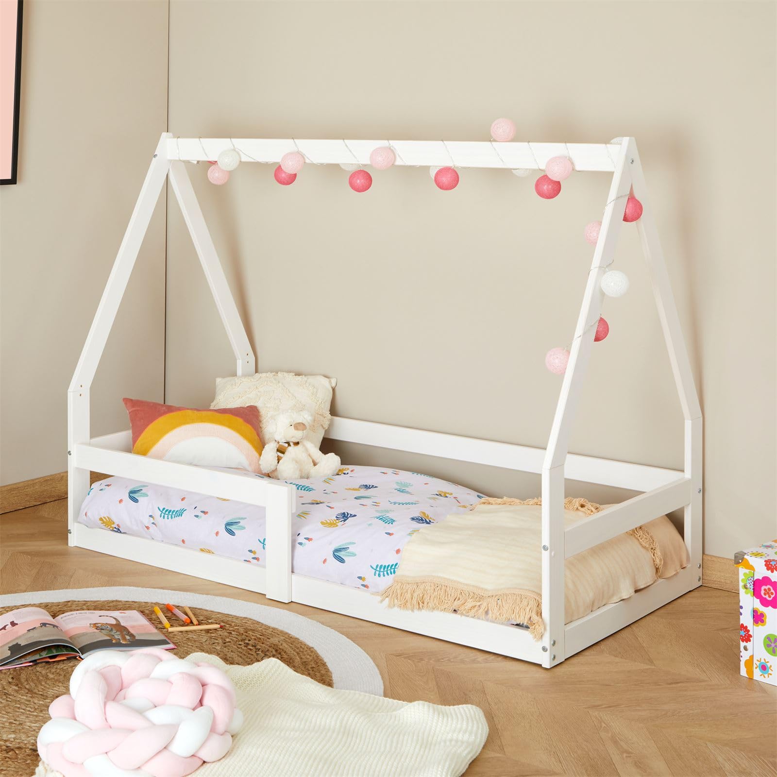 IDIMEX Lit cabane Tami 70x140 cm, lit Simple 1 Place pour bébé ou Enfant de Type Montessori, en pin Massif lasuré Blanc