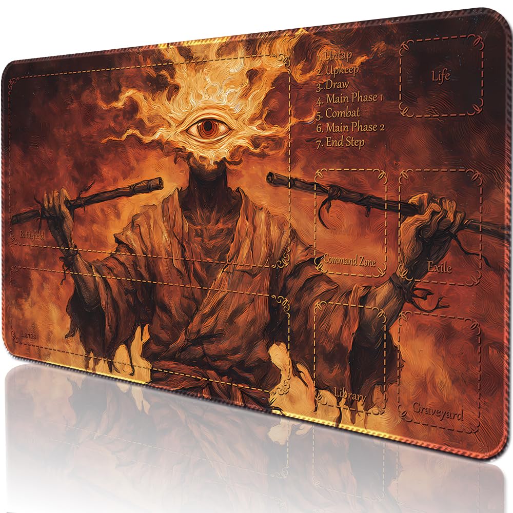 BUIBUIC MTG Playmats(Stitched) 14x24in Compatible for OCG CCG RPG TCG Playmats with Card Zones Storage Bag (Fire Monk-with Zone)