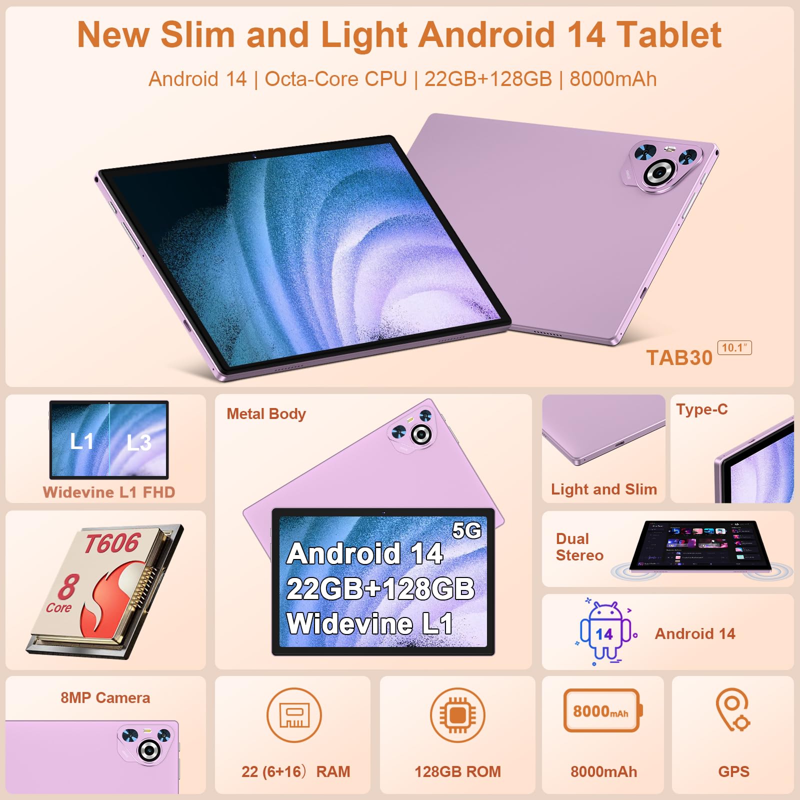 Android 14 Tablet, 22GB RAM 128GB ROM 1TB Expansion, 10.1 Inch