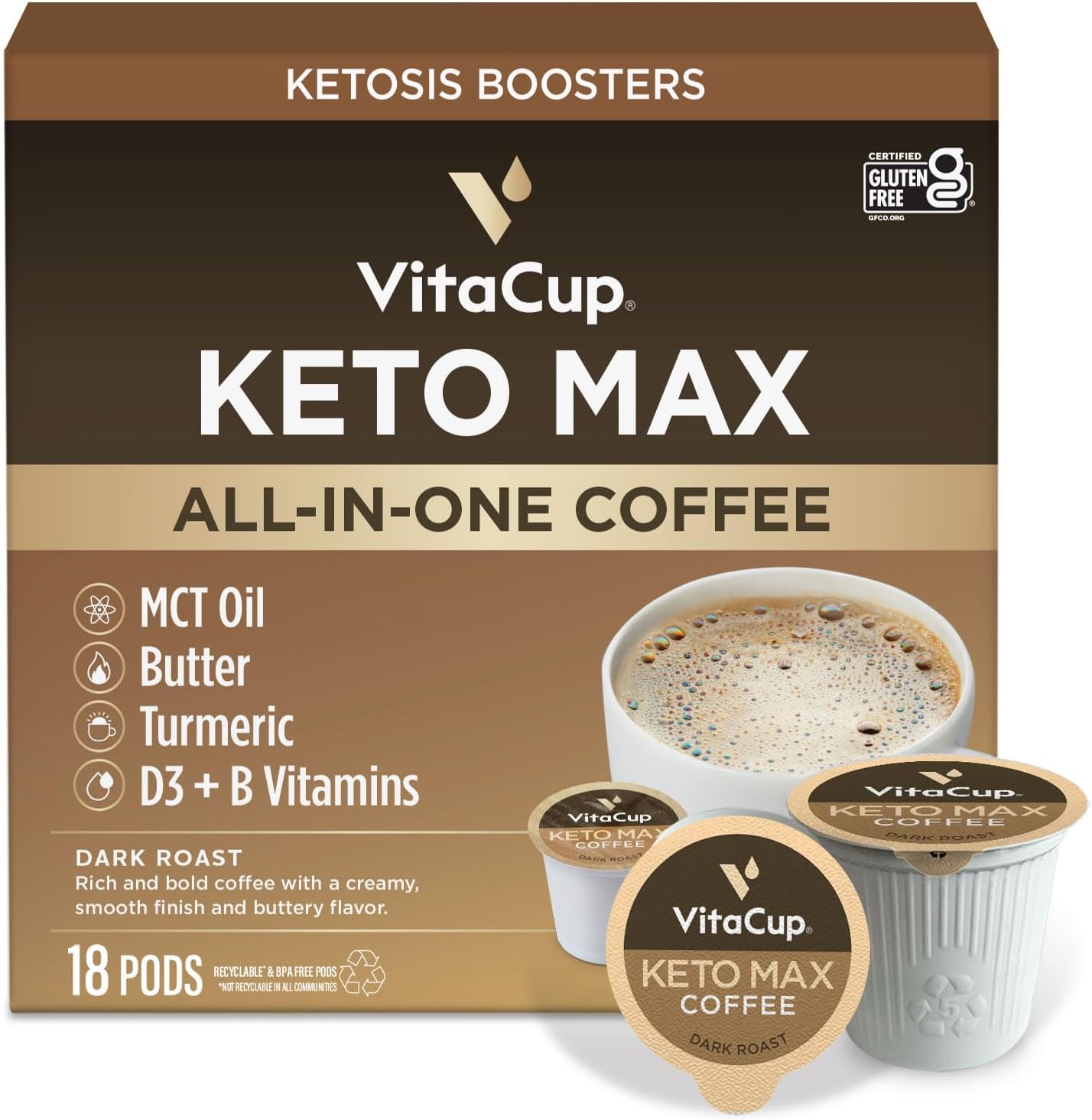 Keto Max Dark Roast Coffee Pods with MCT Oil, 18ct