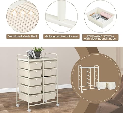 Miniatura 5 de RELAX4LIFE Carrito de almacenamiento de 10 cajones, organizador de arte con marco de metal marfil con ruedas bloqueables, carrito utilitario para