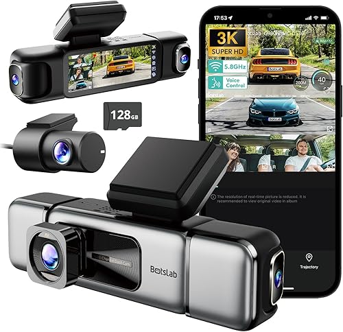 BOTSLAB 3K 4 Channel Dash Cam, 560° All-Sides View, Front and Rear Inside Car Camera with 3.18”Touch Screen, Dash Camera 24/7 Parking Mode, Built-in GPS 5.8GHz WiFi Voice Control, Free 128GB Card