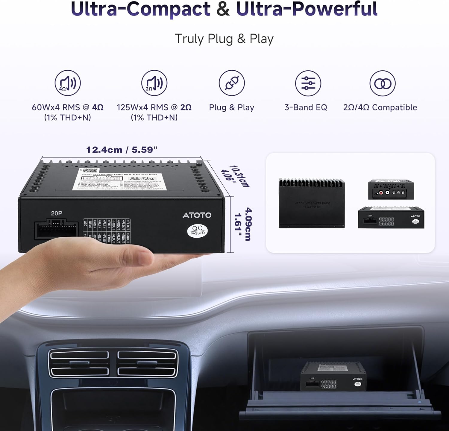 Image showing the compact dimensions of the ATOTOZONE CA-AEC122DL amplifier and its power output specifications.