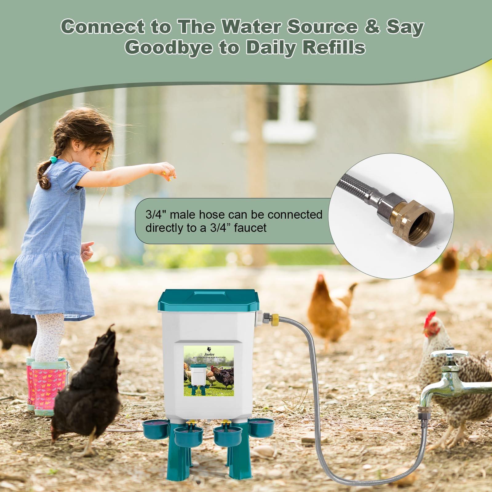 Bebedero automático de pollo, alimentador de agua de pollo controlado por flotador, sistema de riego grande con manguera de agua de 60 pulgadas (un extremo de 3/4 pulgadas), bebedero de aves de corral