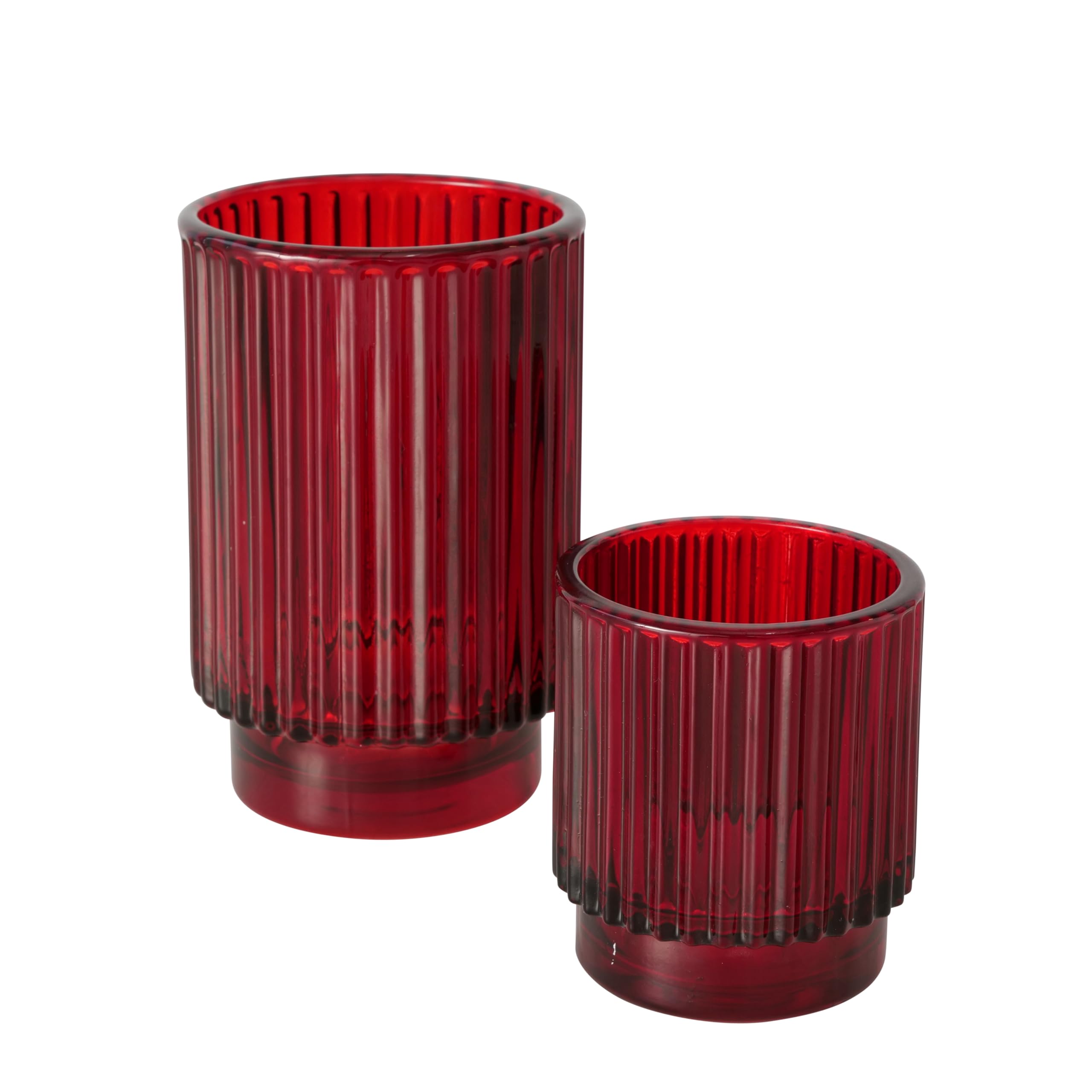 WHW Whole House WorldsRed Ribbed Glass Candle Holders, Set of 2, for Votive and Tea Lights, 3.25 and 5 Inches