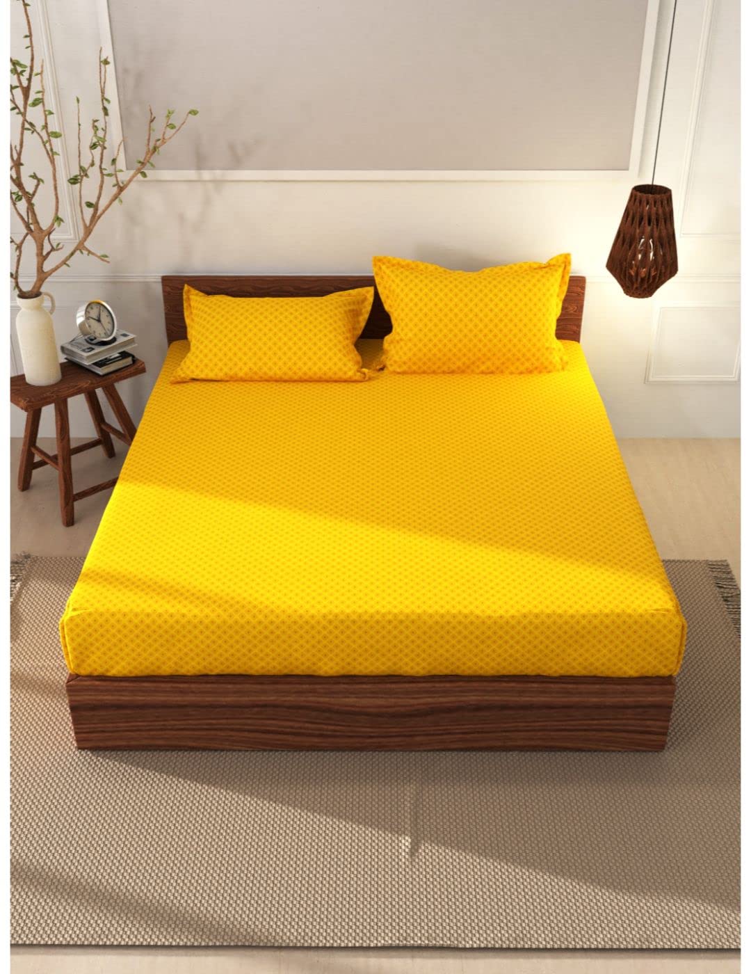 BIANCA 144TC Soft 100% Natural Cotton XL King Fitted Bedsheet with Elastic Edges with 2 Pillow Covers -3Pc Set (Made to Fit) Geometric-Yellow