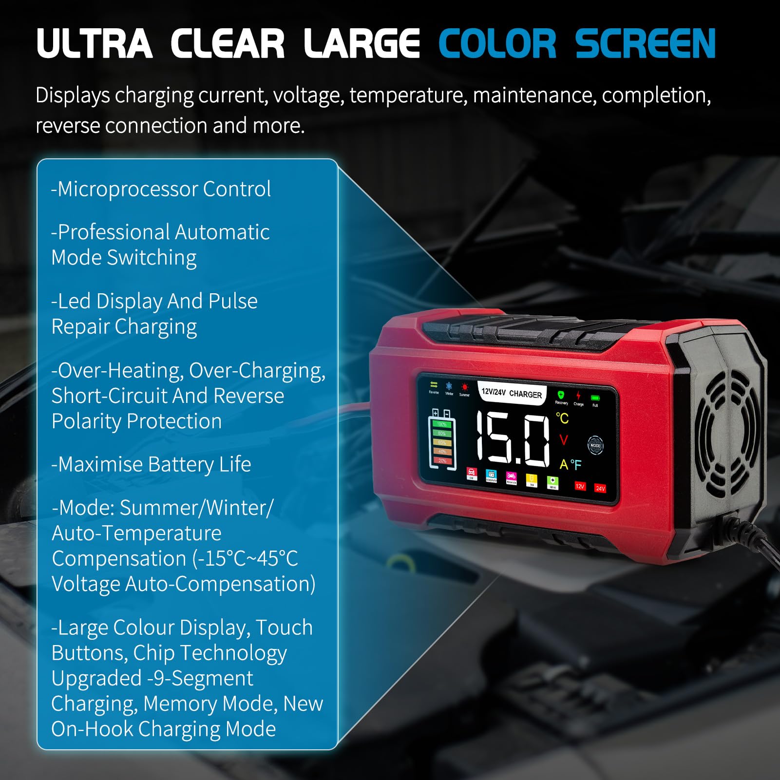 15-Amp Car Battery Charger 12V/24V, Aptliton Intelligent Car Battery Charger with 9-Stage Charging, LCD Display For Car, Truck, Motorbike, Boat - Compatible with Lead-Acid, AGM, EFB, LiFePO4 Batteries - 5