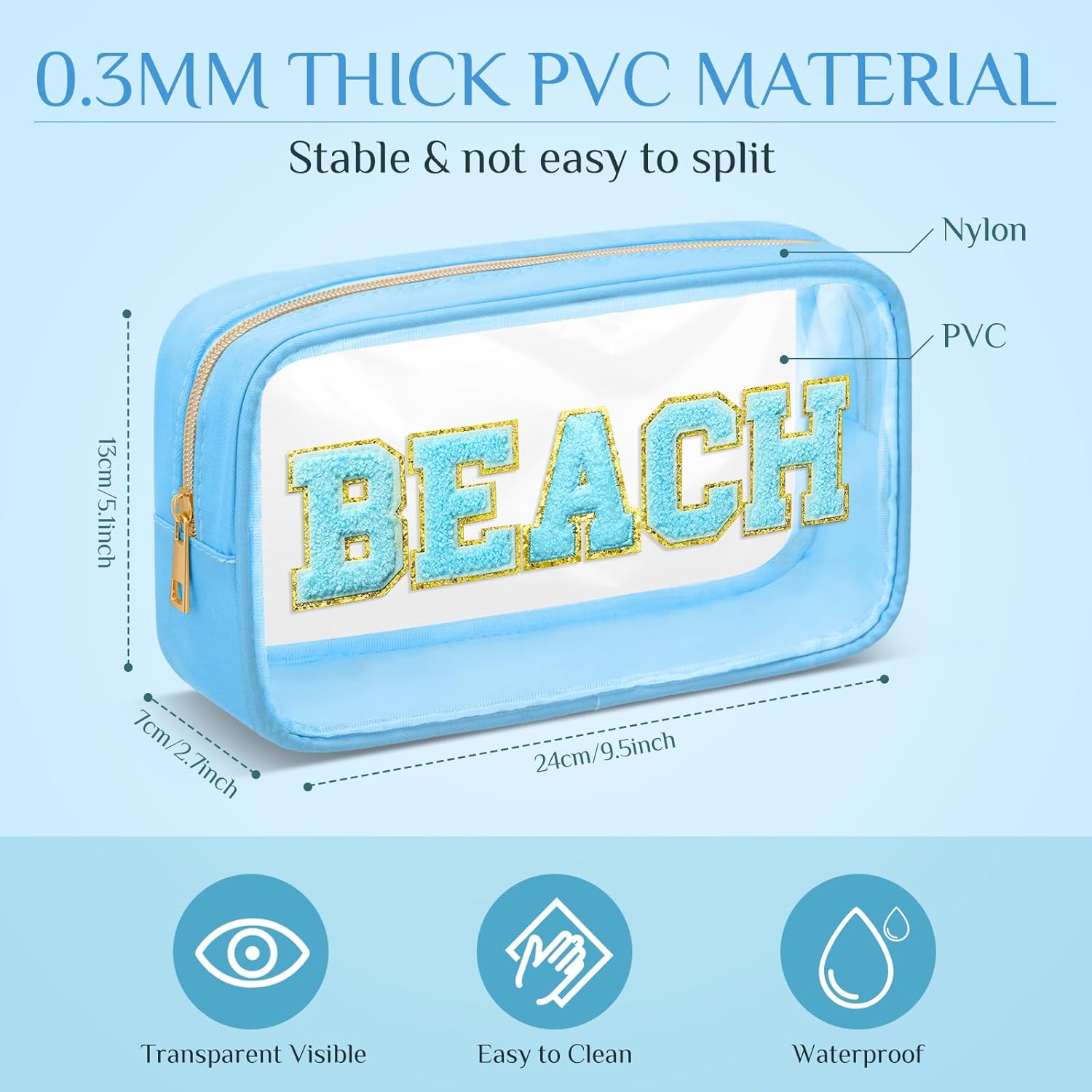 Cunno 12 Pcs Preppy Clear Cosmetic Bags Bulk Appreciation Gifts DIY Chenille Letter Makeup Pouch Transparent Beach Zipper Pouches PVC Travel Toiletry Organizer for Women