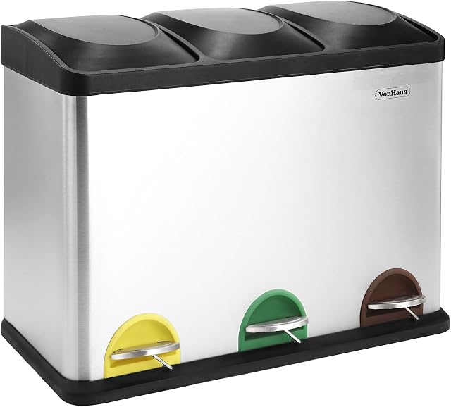 VonHaus Recycling Pedal Bin for Kitchen Waste - 45L Rubbish Capacity - 3 Colour Coded Recycle Compartments with Lids - Robust Metal Body with Stainless Steel Finish