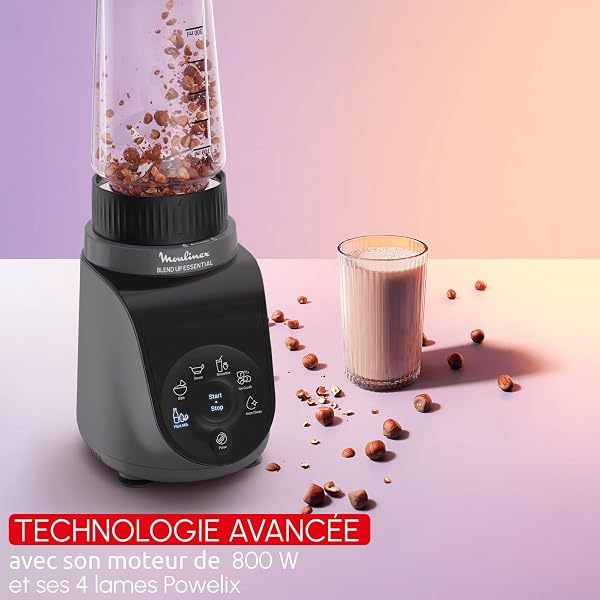 Moulinex Blend Up Essential, Mini blender, 800 W, 6 programmes automatiques, Glace pilée, Nettoyage automatique, Gris foncé, LM1EHBF0 - 3