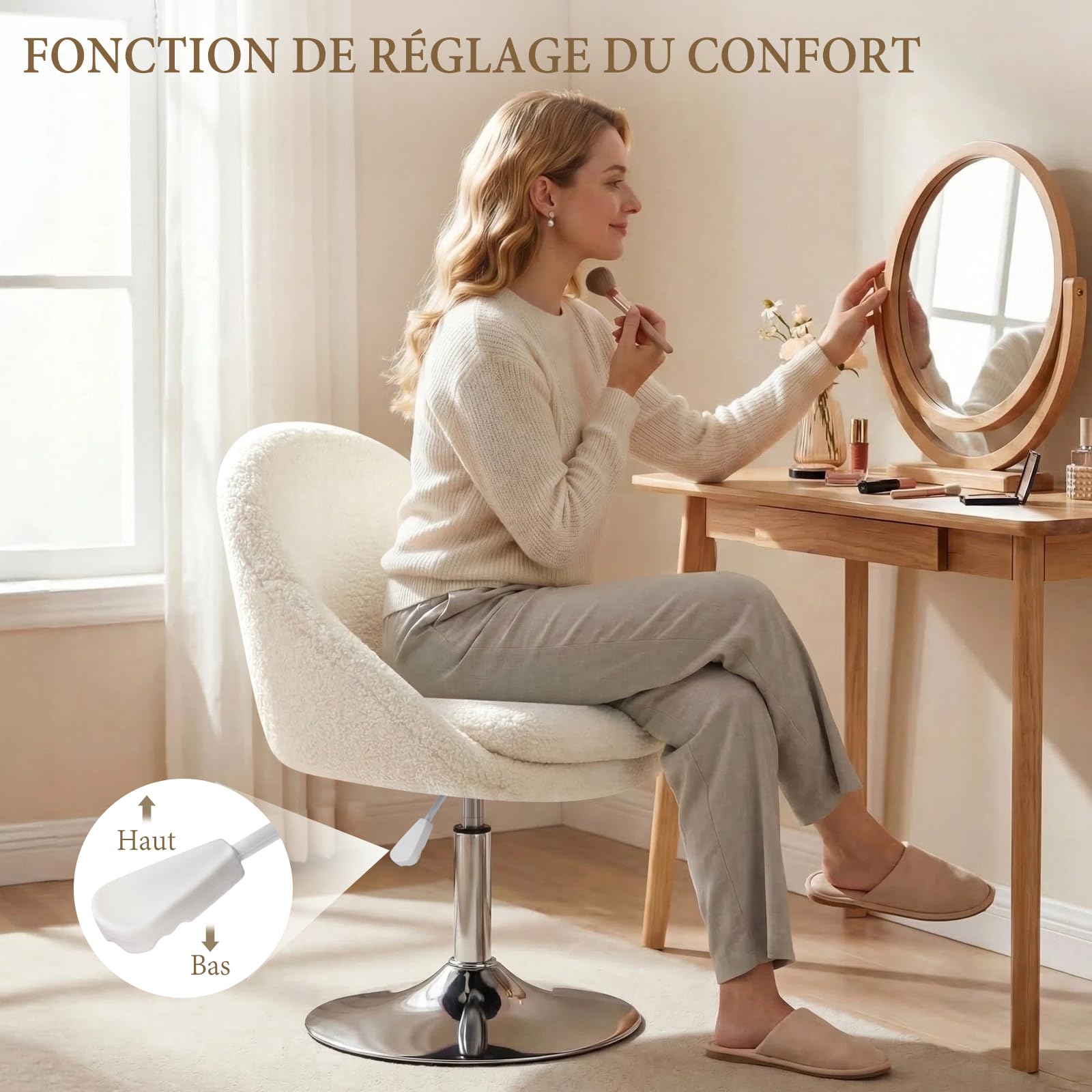 Hellove Chaise Coiffeuse Sherpa Blanc, Tabouret de Coiffeuse 360° Pivotant, Tabouret Siège Vanity Chair Hauteur Réglable avec Rembourrage Épais (10 cm) Double Couche pour Salon Chambre, 127 KG