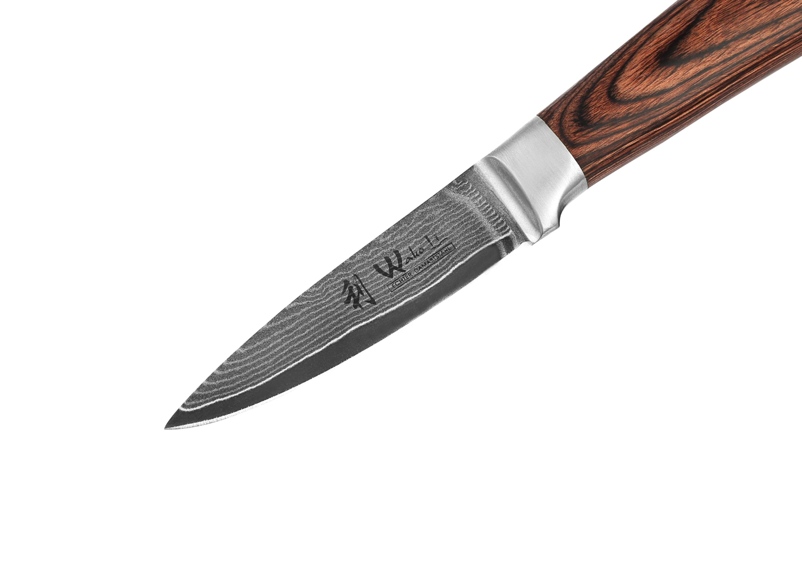 WAKOLI Edib Couteau d'office en Damas I Lame tranchante de 8,5 cm en acier damassé à 67 couches avec noyau VG10 et manche en bois de pakka I Couteau de cuisine professionnel & couteau damassé