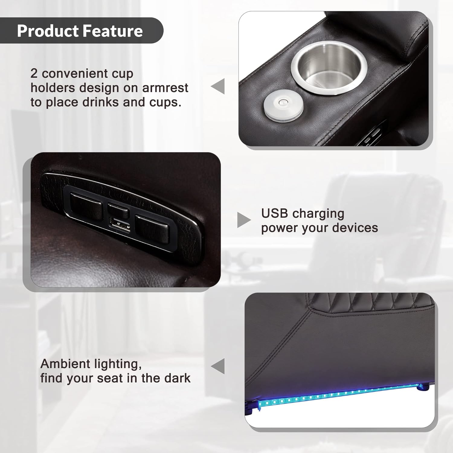 Close-up of the USB charging port and cup holders on the ModernLuxe recliner