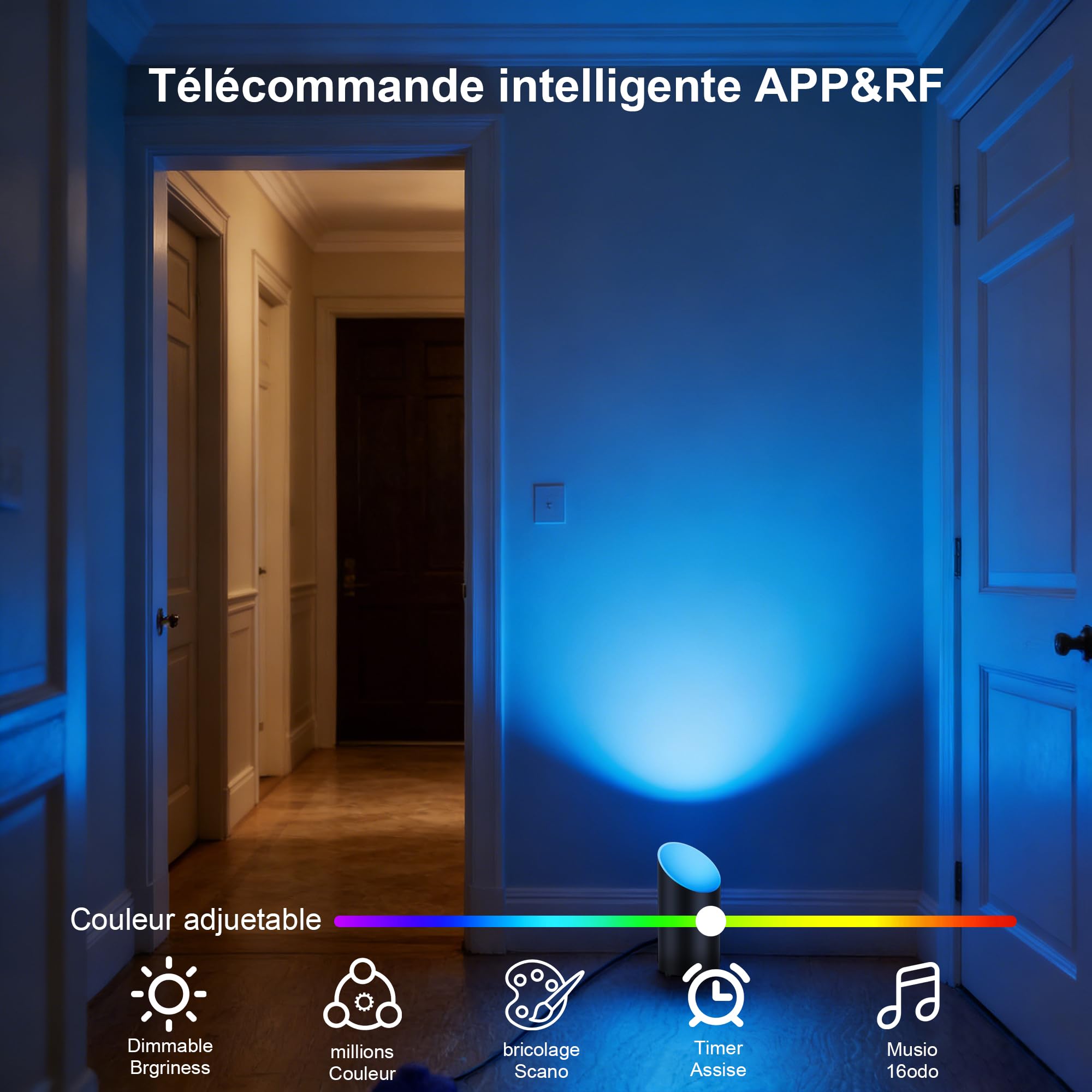 Faretto LED da Terra RGBW Smart, Uplight Spot da Pavimento Bluetooth con APP e Telecomando RF, Dimmerabile 1-100%, RGB + 6000K, 10 Scene, 7W, IP44, Cavo 180 cm con Interruttore a Pedale