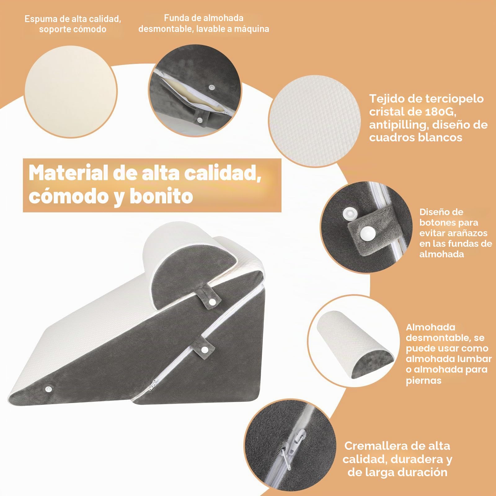 Almohada de cuña ajustable, almohada de lectura para cama y sofá, almohada de reflujo de espuma, respaldo de cojín de espalda, para apnea del sueño, lectura, elevador de sueño, almohada de