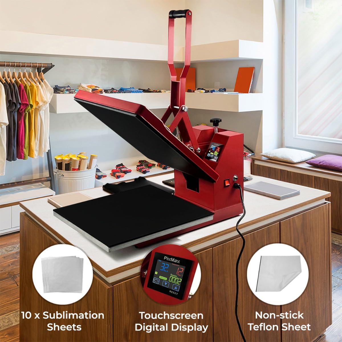 PixMax Stampa a Caldo per Il trasferimento Digitale a Sublimazione 50x50cm Display Touchscreen Pressione Regolabile Inchiostro Vinile 250°C Fai da Te Professionale 10 Fogli di Sublimazione in Omaggio