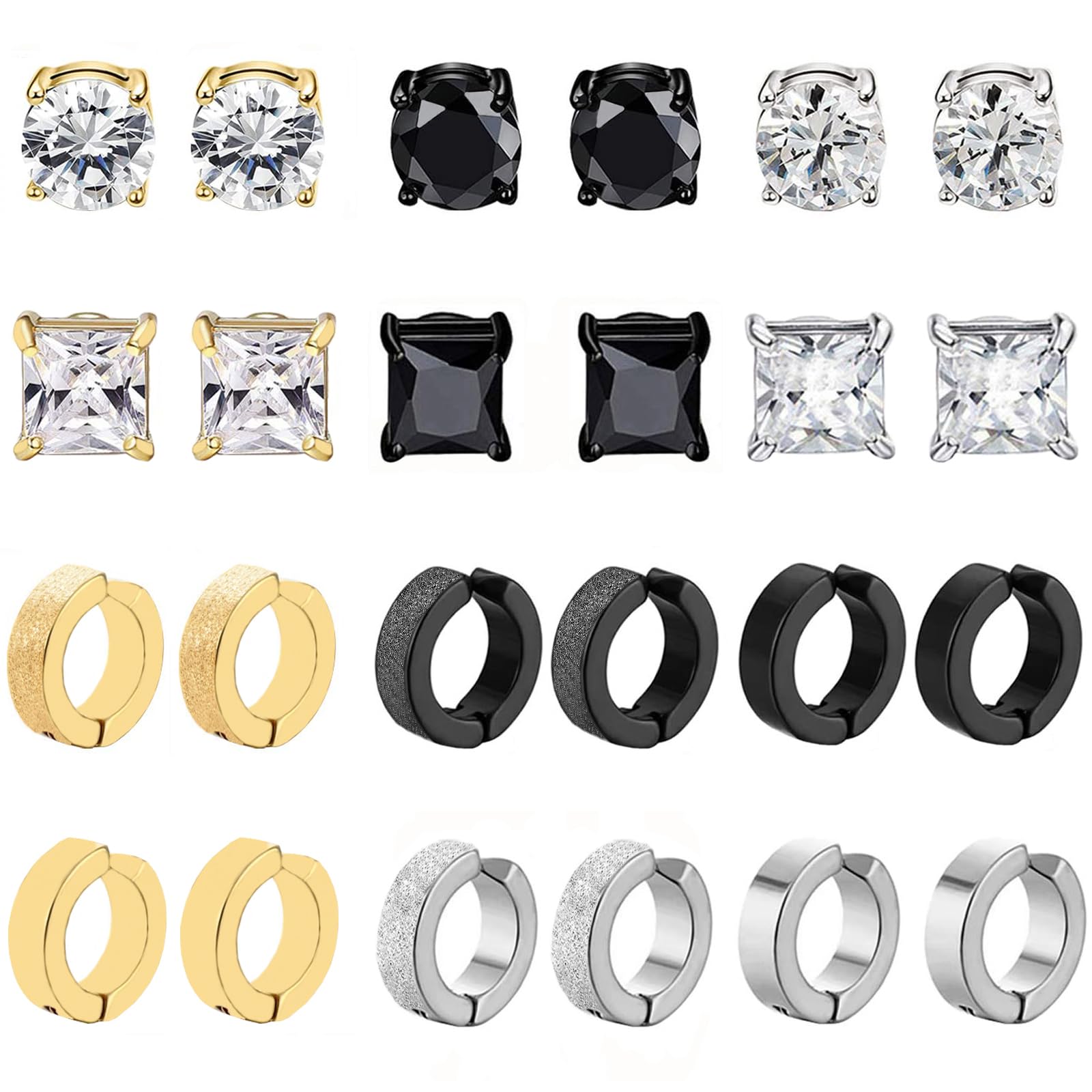 VELESAY 12 Pares Pendientes Iman Hombre Mujer Pendientes Magnéticos Acero Inoxidable Diamante Pendientes Clip Sin Agujero Pendiente CZ Falsos Aro Pendientes Set Plata Negro