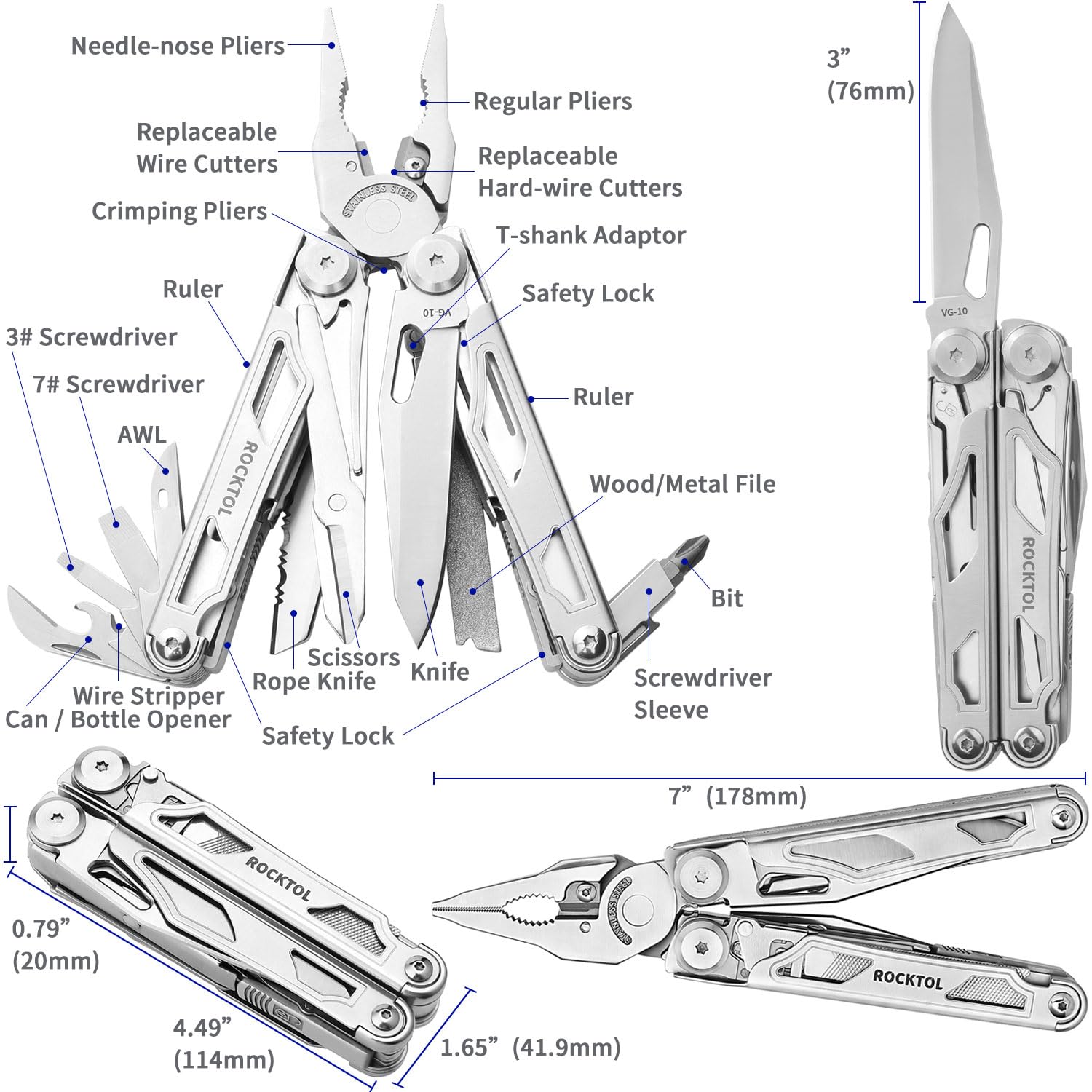 Rocktol Multitool, 29-in-1 Multi-function Pliers with Replaceable Wire Cutters and Saw, Heavy-duty Stainless Steel Multi-tool Set and Nylon Sheath for Camping Survival multi tool for Man