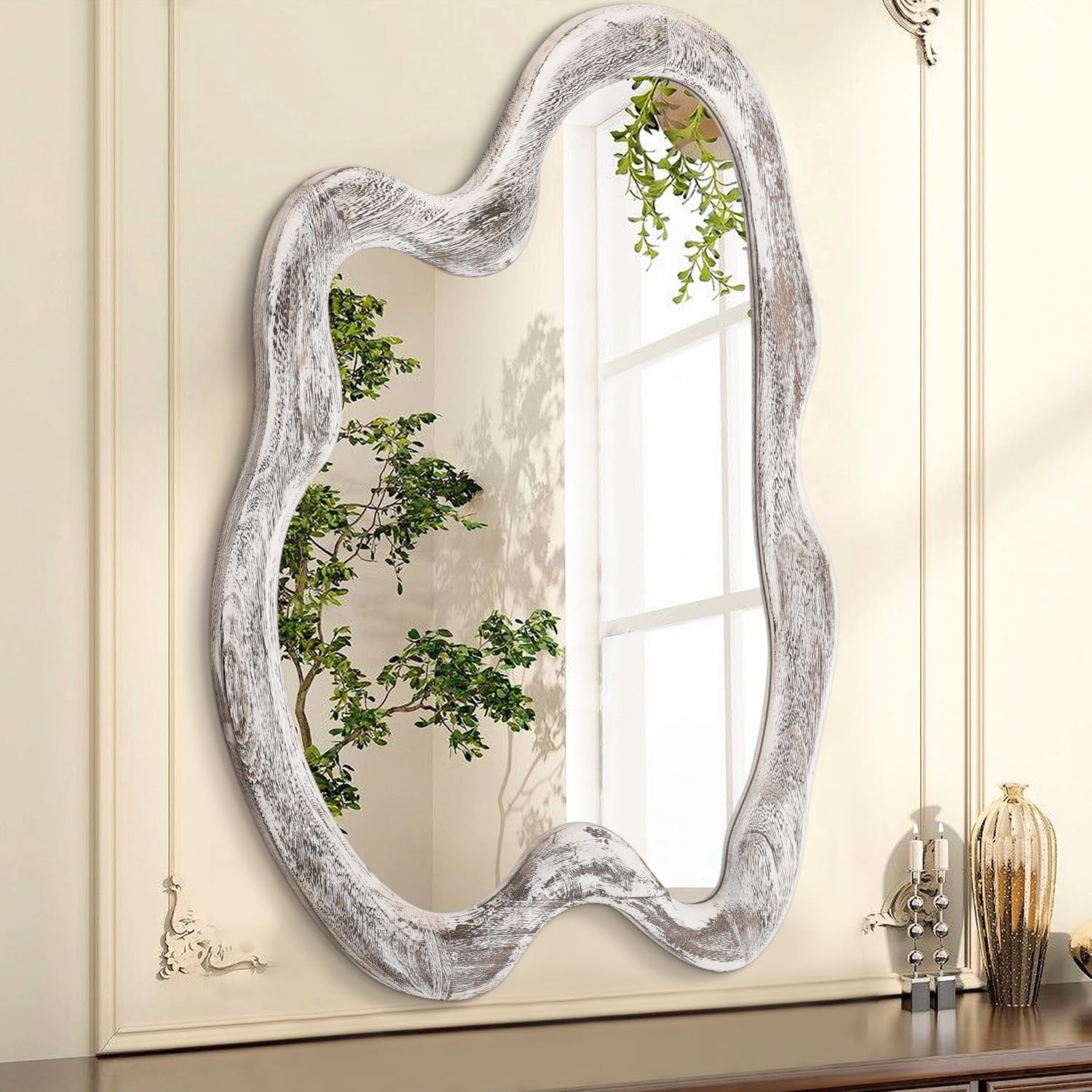AAZZKANG Irregular Wooden Wall Mirror 80x60cm Large Asymmetrical Decorative Vintage Irregular Mirrors for Bedroom Living Room Entryway