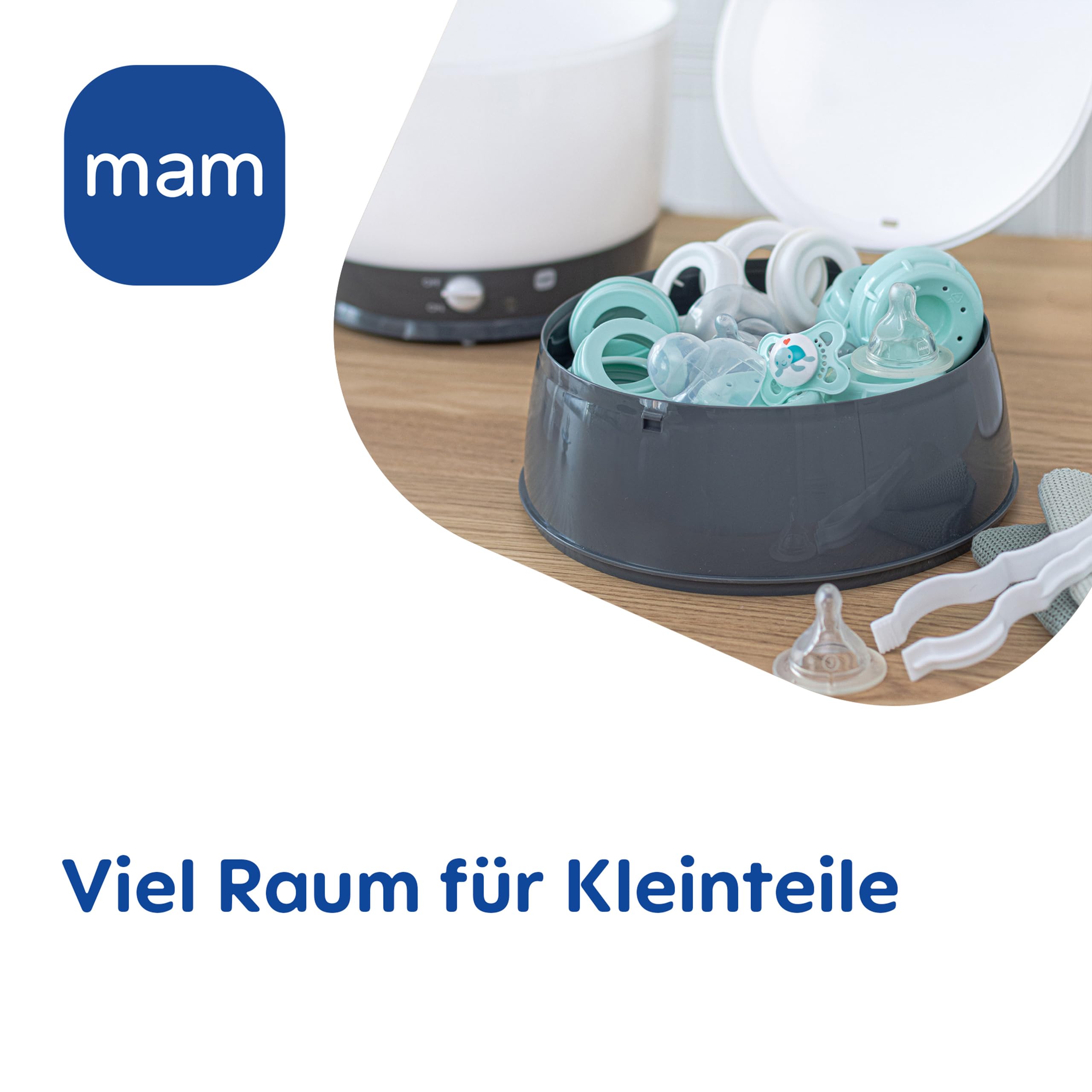 MAM Sterilisator, elektrischer Dampfsterilisator für Babyflaschen, Sauger & Zubehör, zuverlässiger Vaporisator inkl. Oberkorb und Zange, grau