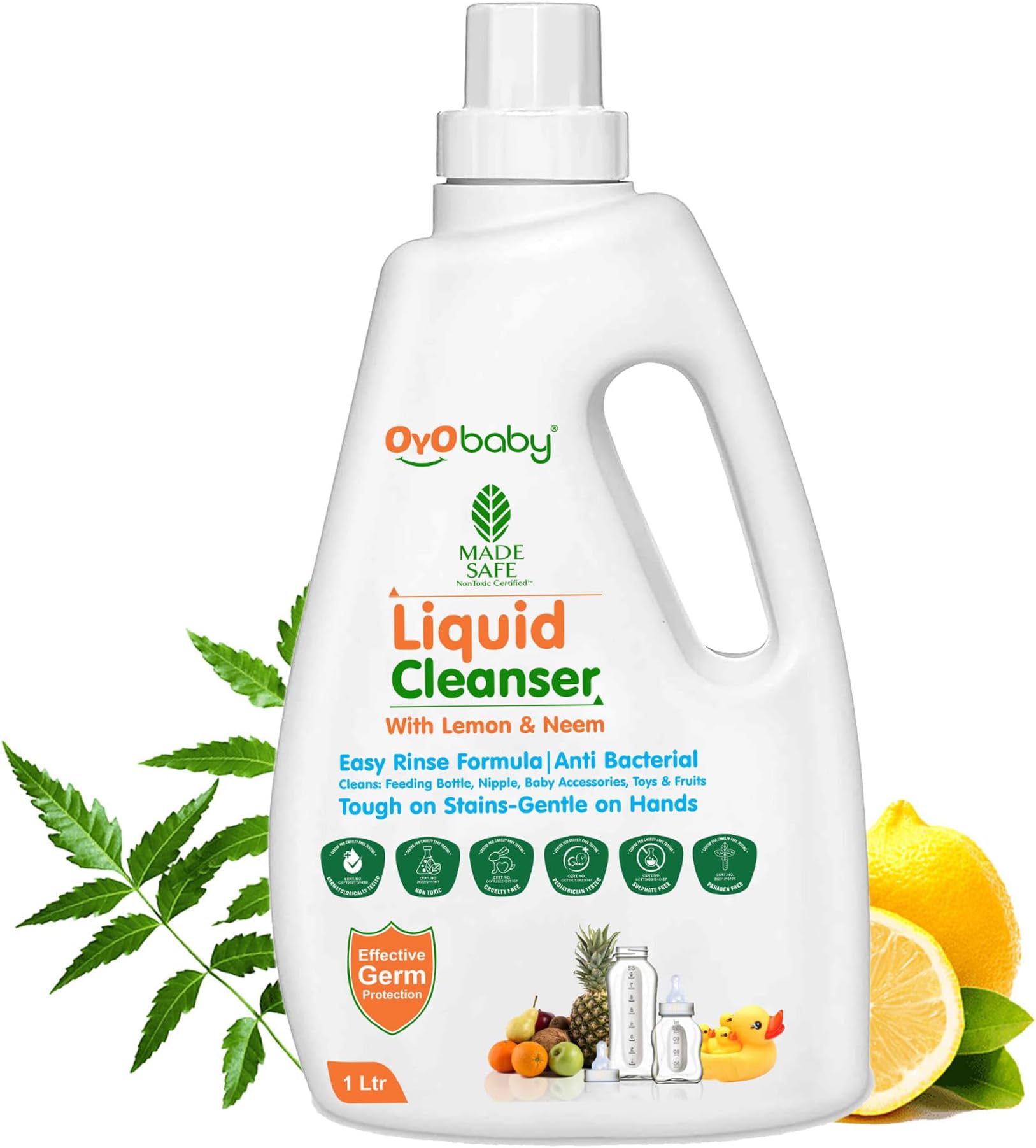 OYO BABY Liquid Cleanser for Baby Bottles, Nipples, Toys & Fruits | Lemon & Neem | Natural & Antibacterial Formula | Easy Rinse, Gentle on Hands | 1L | Made Safe Certified