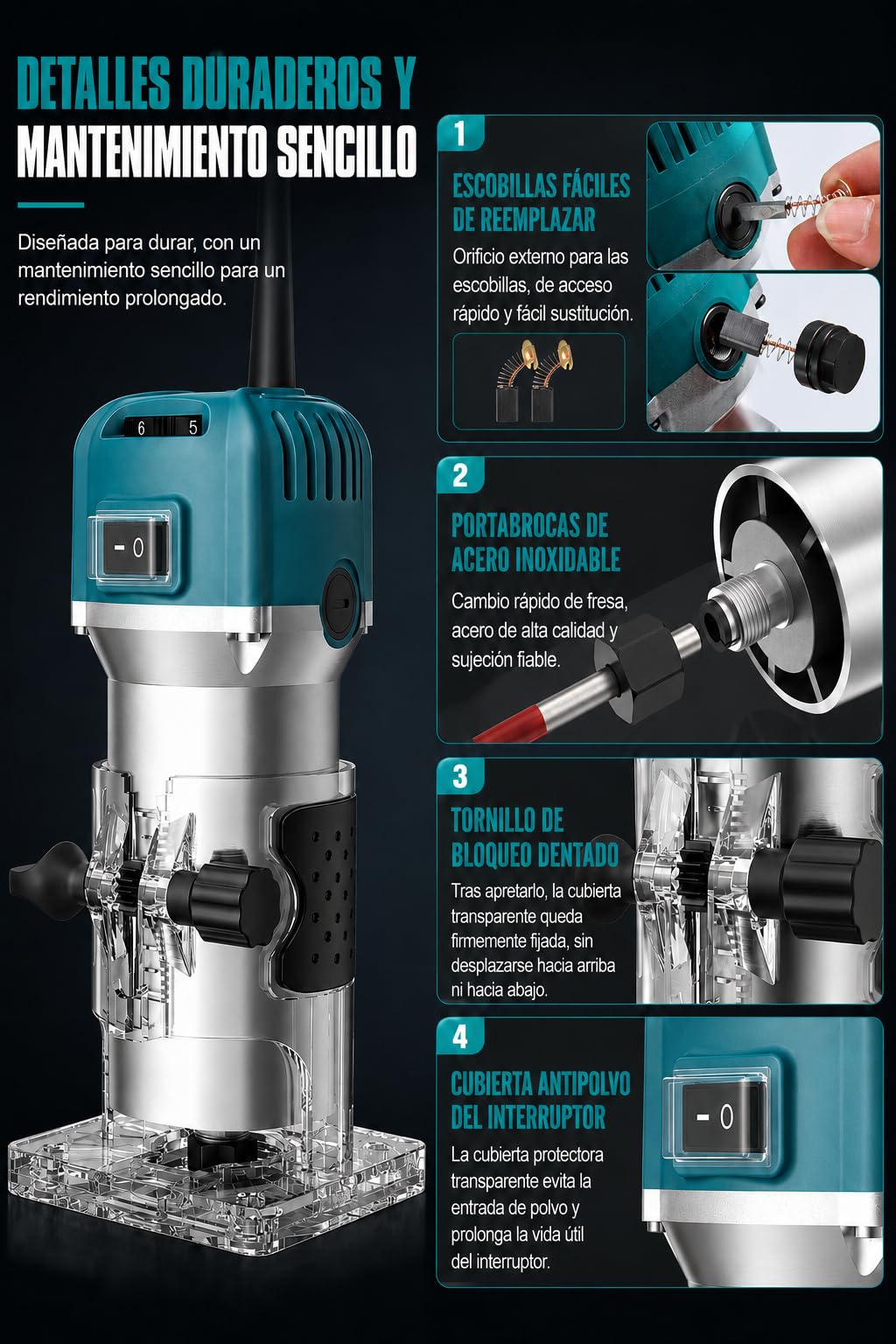 VOBOR Fresadora de Madera Rebajadora Eléctrica, 800W 30000 RPM Fresadora de Mano con 6 Velocidades Variables, 15 piezas 1/4'' Alicates, Pinza De Base Fija De 6/6.35MM