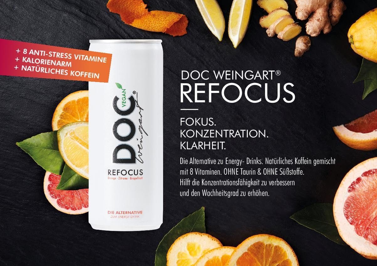 Doc Weingart Refocus New Energy Vitamin Drink, Orange-Zitrone 48x250ml | Fruchtig frisch, 8 Vitamine, natürliches Koffein, Guarana, kalorienarm, Vegan. Ohne: Taurin-Süßstoffe-Farbstoffe