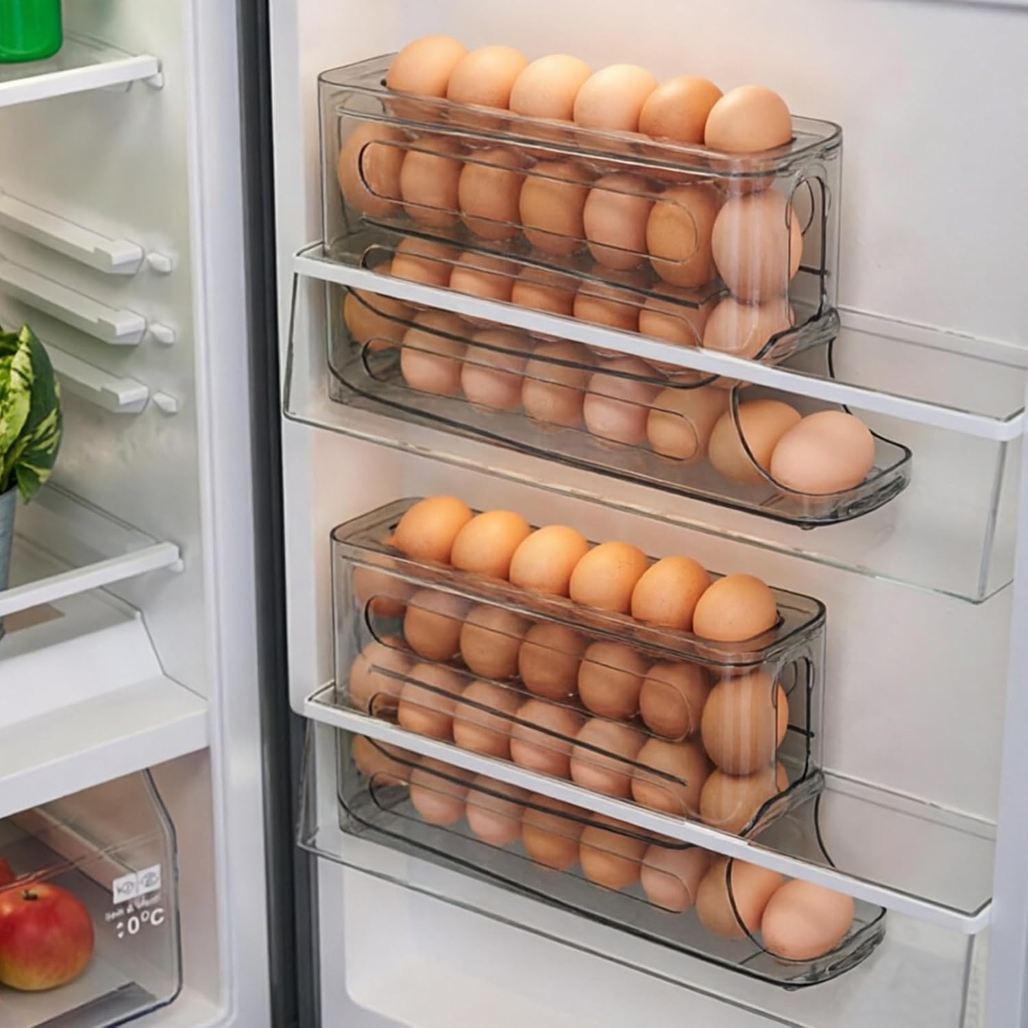 2 Pack Egg Holder for Fridge, 4 Tier Auto Rolling Egg Dispenser, Space Saving Egg Organizer Rack Holds 25–30 Eggs, Clear Gray Egg Storage Container for Refrigerator or Kitchen Countertop