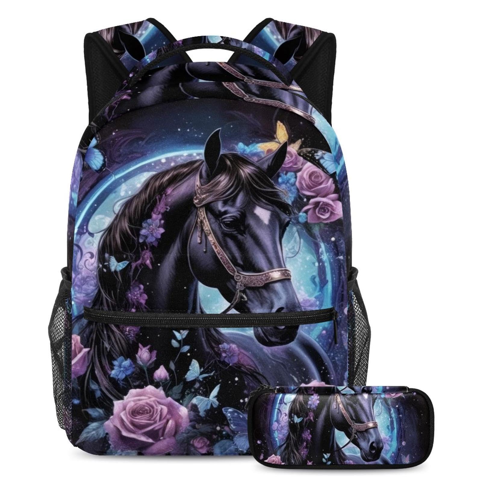 Cartable imprimé cheval et papillon violet à grande capacité - 7