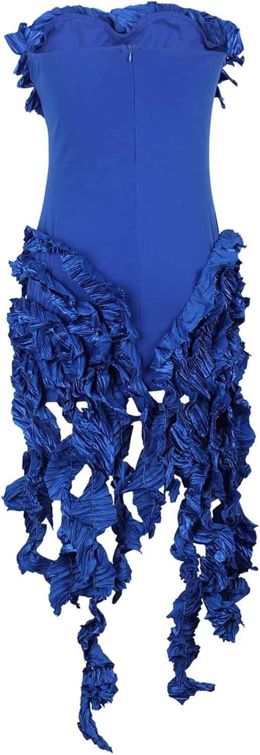 IyMoo Women Sexy Strapless Ruffle Bodycon Dress Solid Color Fringe Slim Party Cocktail Bandage Dresses - Image 6