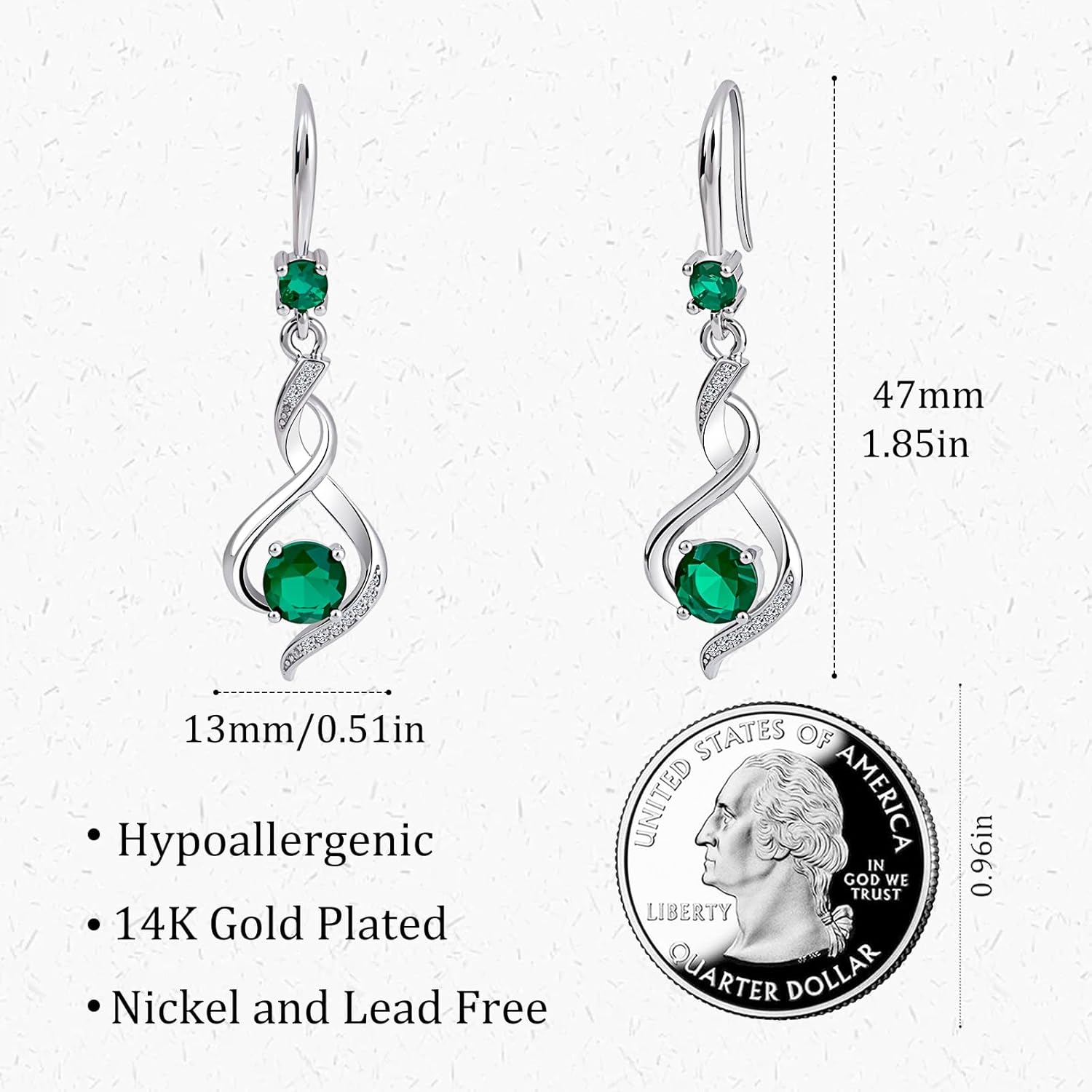 Silver Green Cubic Zirconia Dangle Earrings for Women, Hypoallergenic Rhinestone Dangle Hook Earrings for Women - Image 6