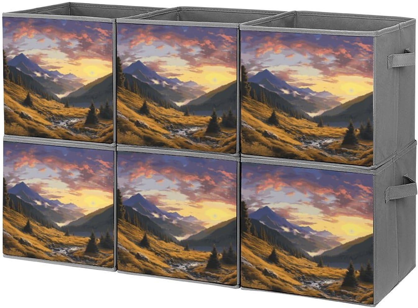 Mountain Sunset Landscape Storage Cubes Set of 6 Storage Bins with Handles Collapsible Storage Basket Fabric Storage Box for Shelves Large Closet Shelf Organizer for Organization 11 Inch