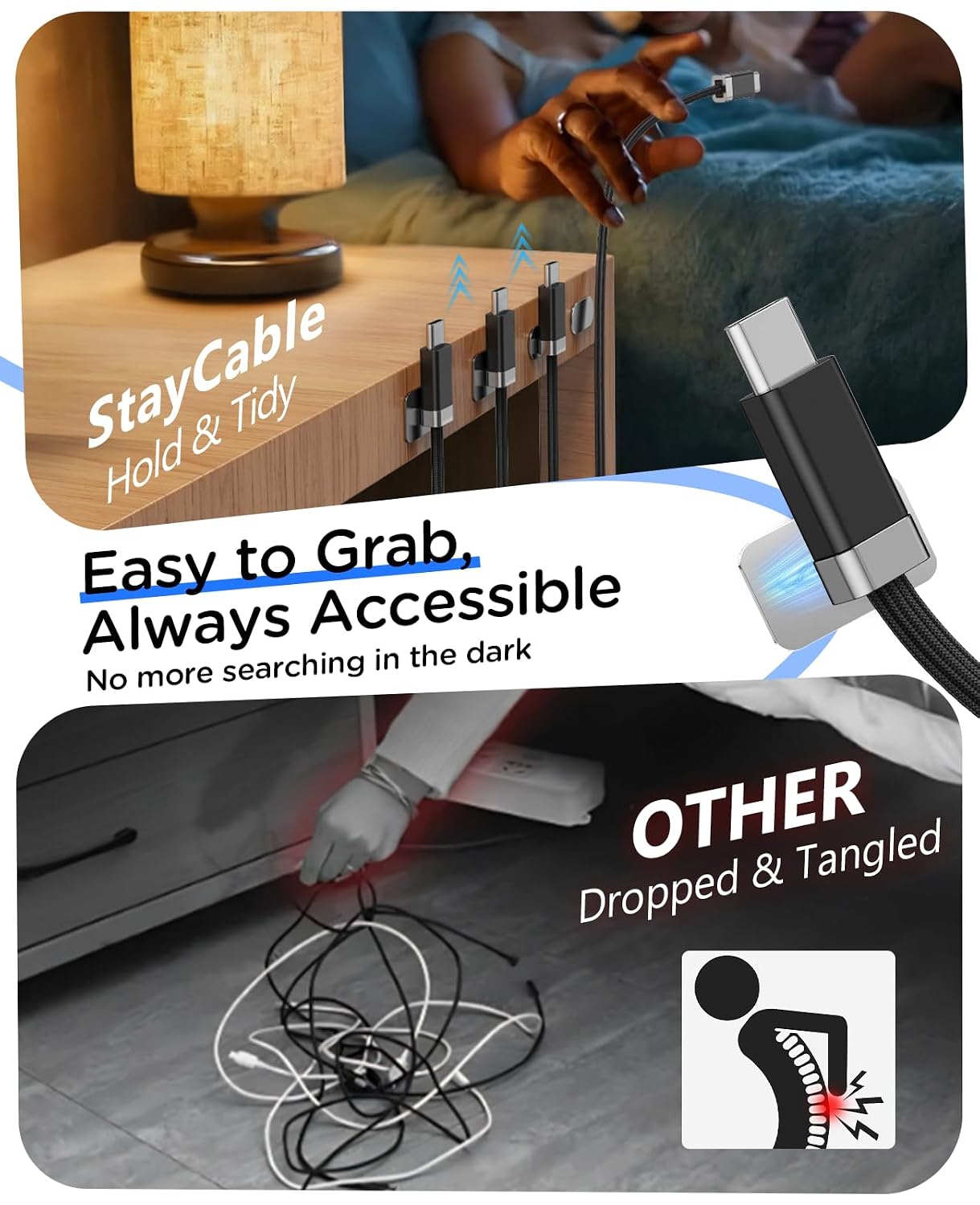 Condition photo showing New/Like New for magtame usb a to usb c cable 3.3ft, braided staycable built-in magnetic holder for nightstand, desk&car, usb type c data cord with 2 adhesive metal plates for iphone 17,16 3.3ft a to c black