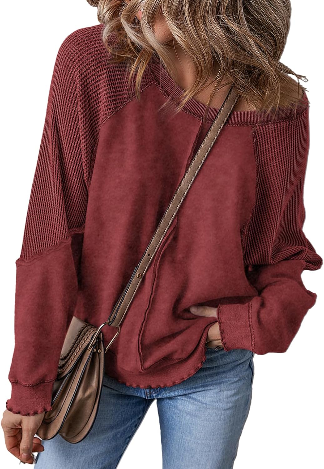 SHEWIN Womens Oversized Off The Shoulder Sweatshirt Casual Crewneck Long Sleeve Reverse Seam Waffle Knit Tops