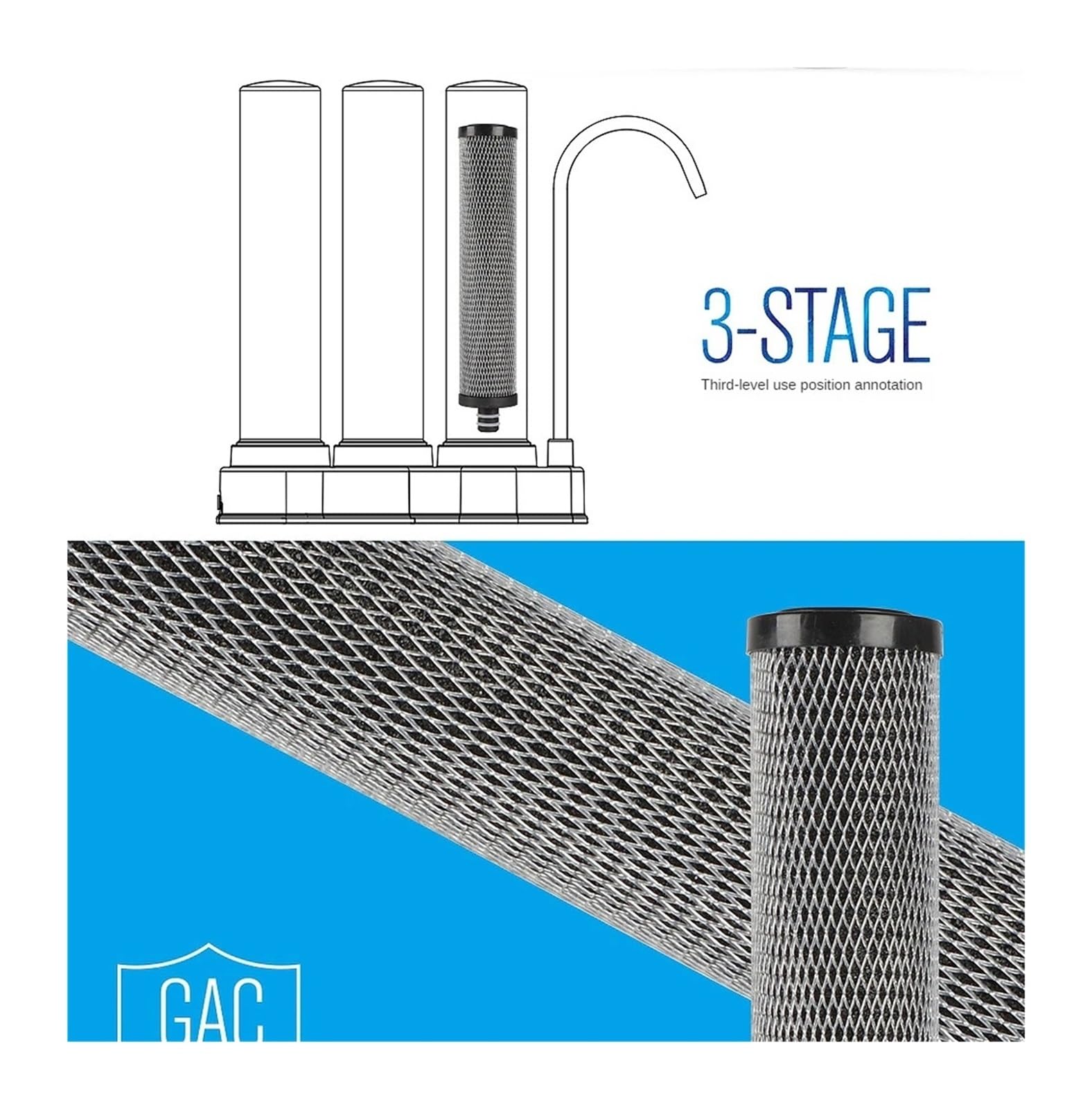 Système de Filtration d'eau sous évier avec Robinet, Filtration d'eau de comptoir de Cuisine en 3 étapes, 0,01 Micron, Filtre 99% du Chlore