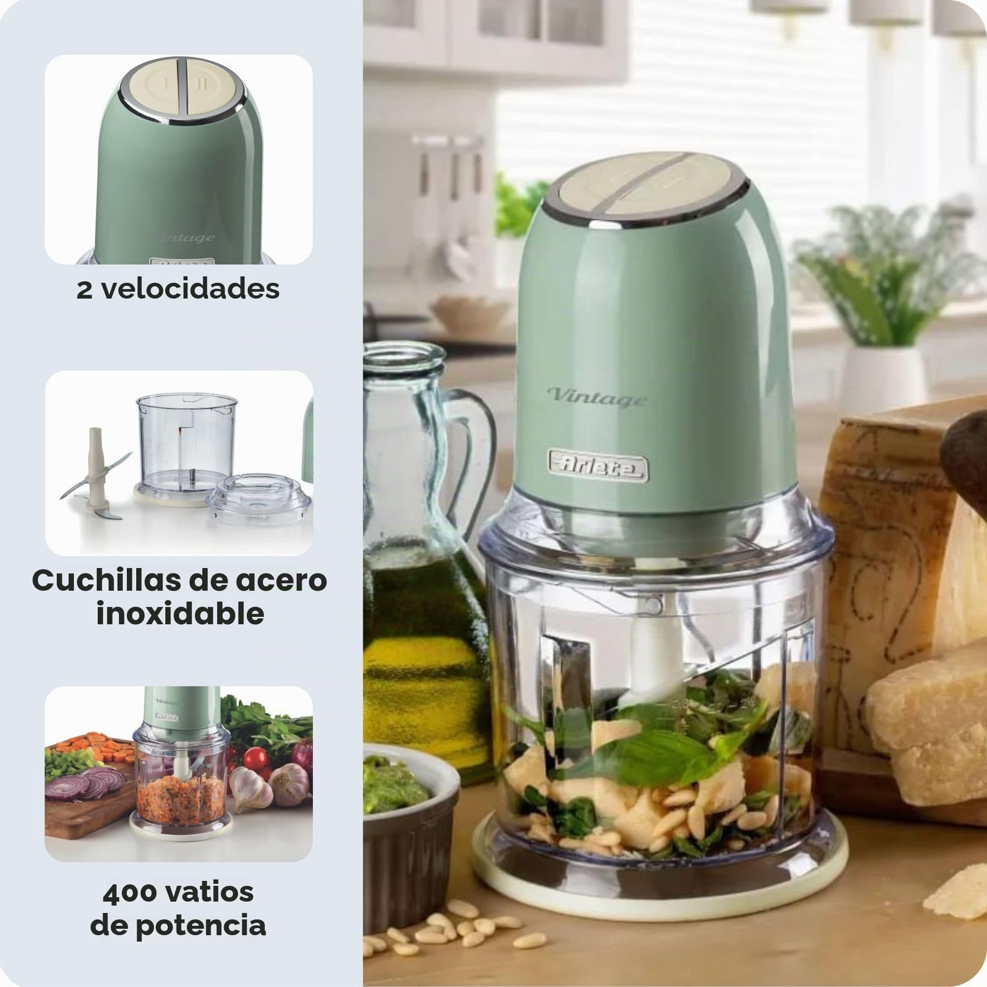 Ariete PicadorA Vintage 438, Picador de Verduras y Hielo Eléctrico con 2 Velocidades, 4 Cuchillas de Acero Inoxidable, Pies Antideslizantes, 600 ml, 400W, verde